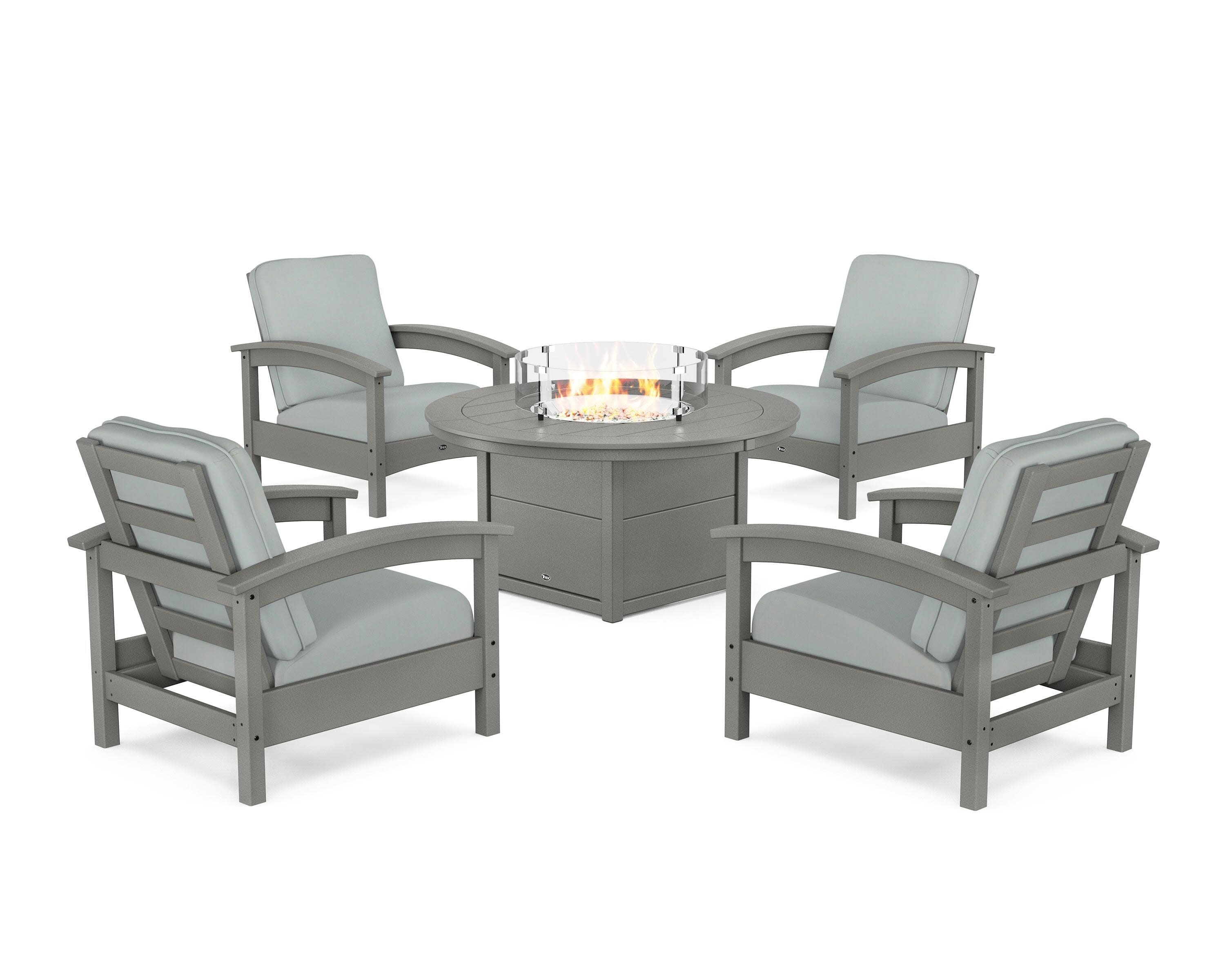 Rockport 5-Piece Deep Seating Set with Round Fire Pit Table in Stepping Stone / Spa