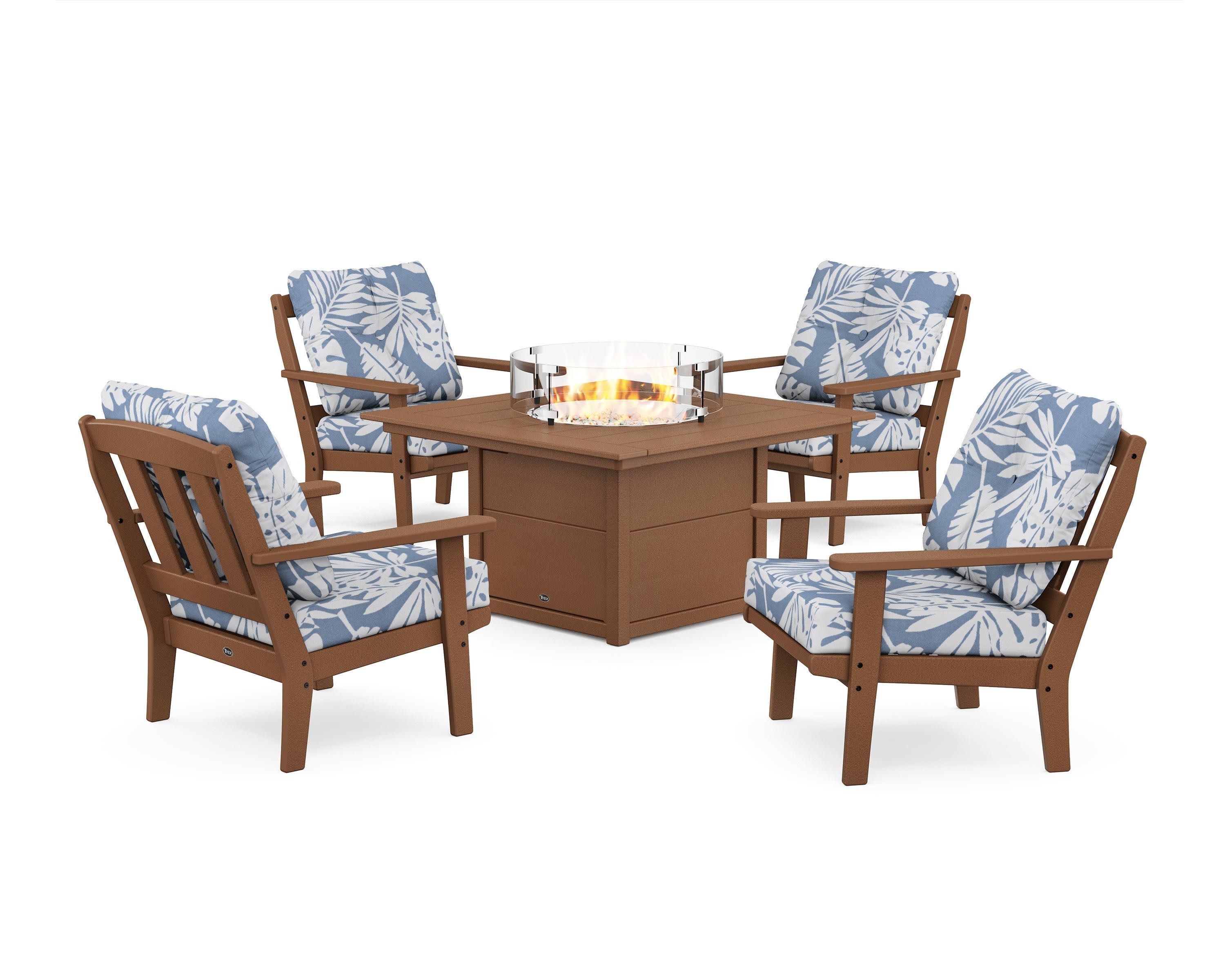 Cape Cod 5-Piece Deep Seating Set with Fire Pit Table in Tree House / Leaf Sky Blue