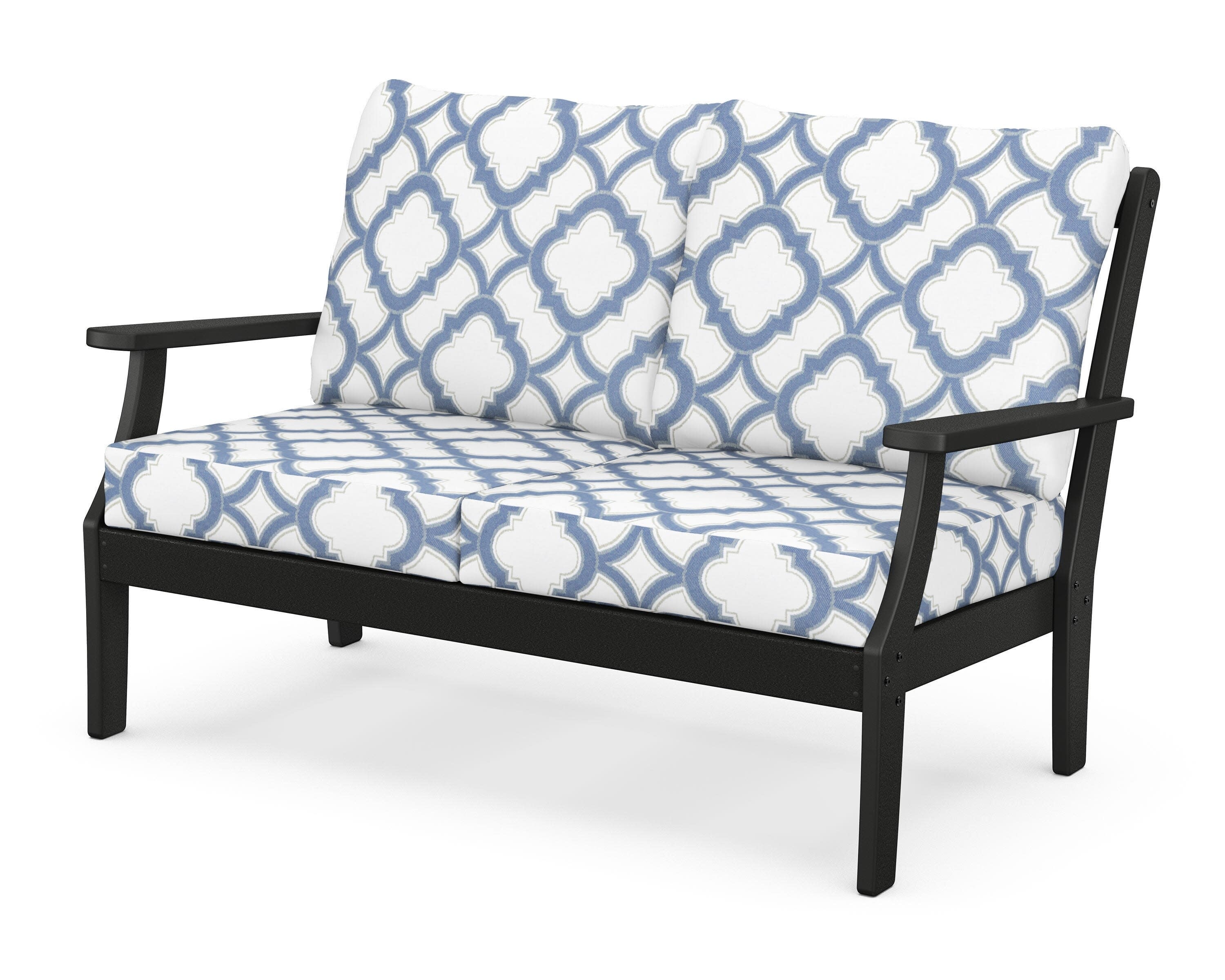 Yacht Club Deep Seating Loveseat in Charcoal Black / Trellis Sky Blue