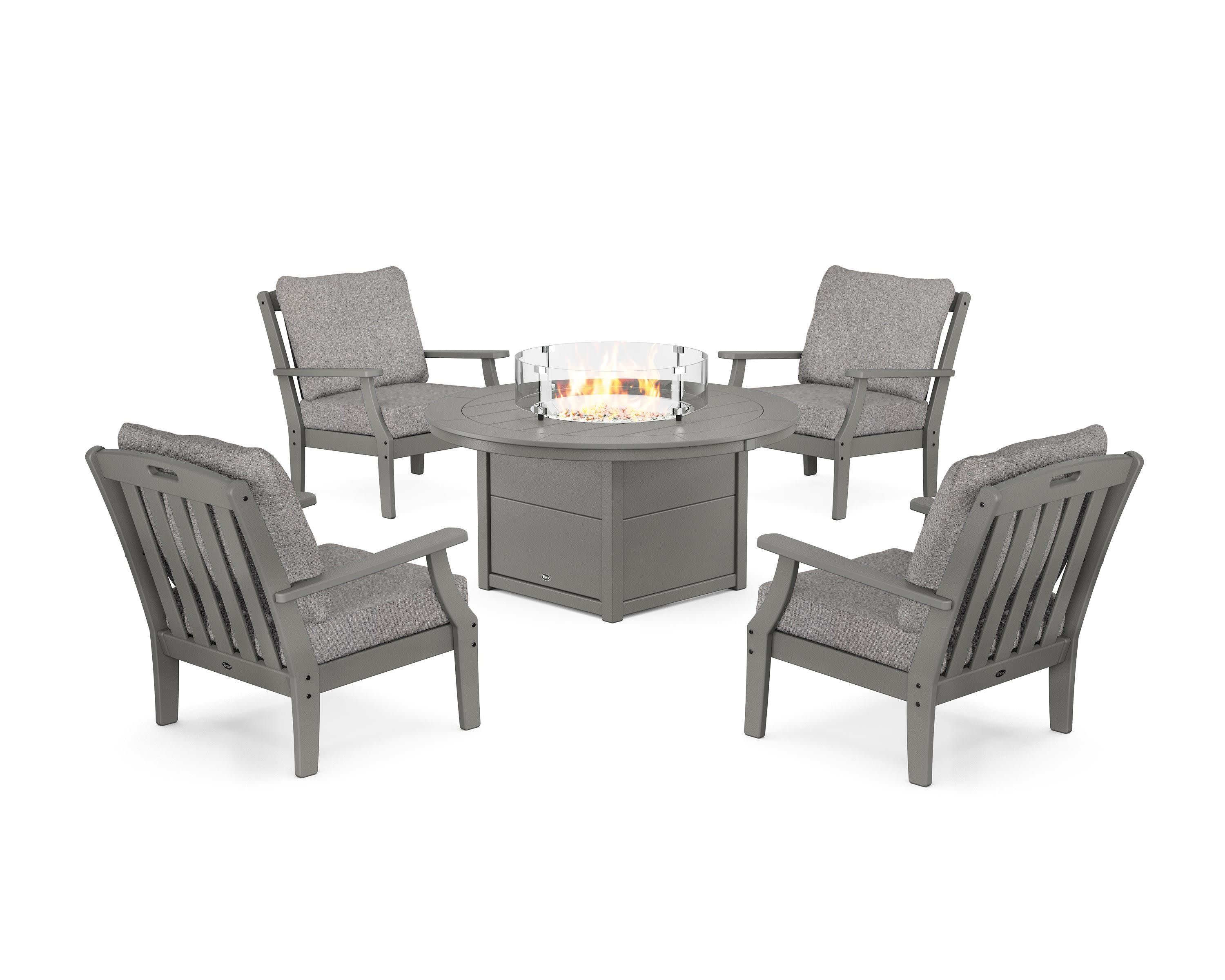 Yacht Club 5-Piece Deep Seating Set with Round Fire Pit Table in Stepping Stone / Grey Mist