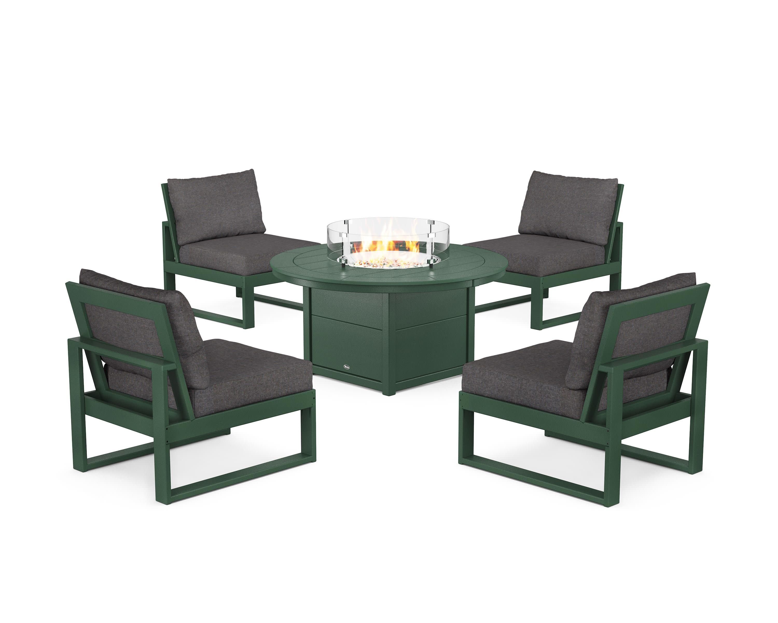 Eastport Modular 5-Piece Deep Seating Set with Round Fire Pit Table in Rainforest Canopy / Ash Charcoal