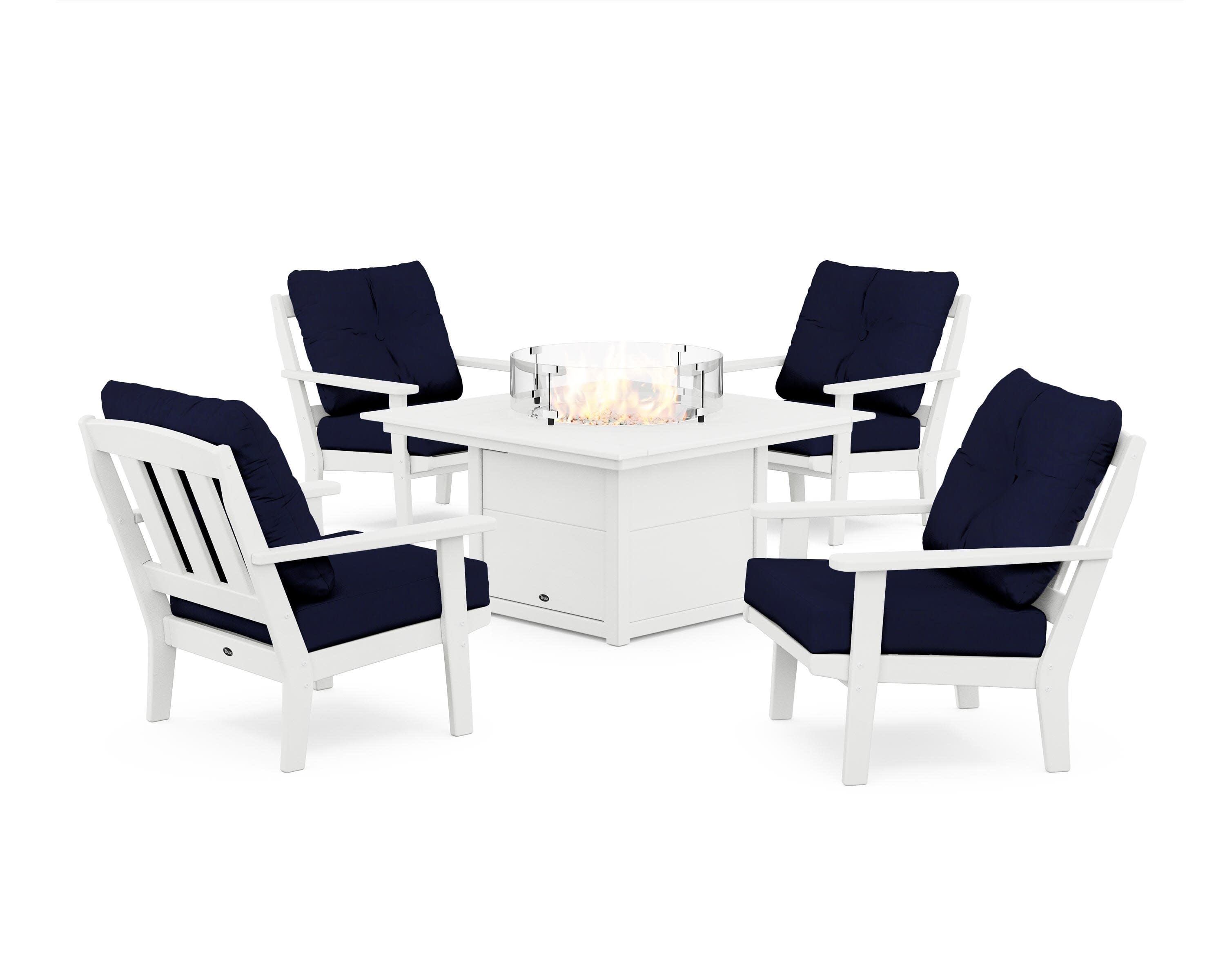 Cape Cod 5-Piece Deep Seating Set with Fire Pit Table in Classic White / Navy