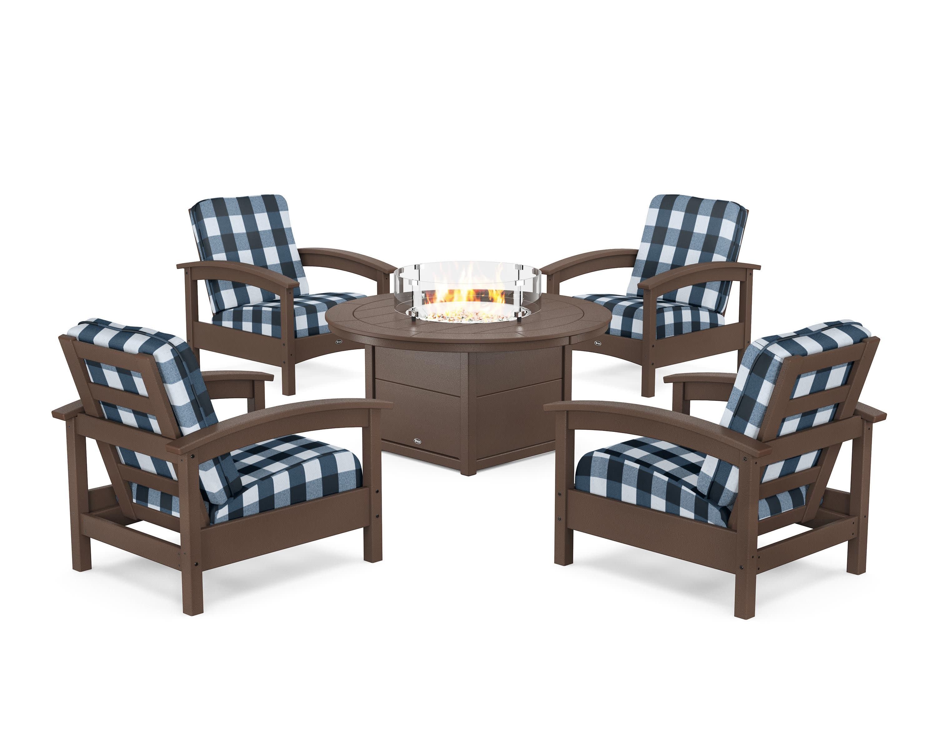 Rockport 5-Piece Deep Seating Set with Round Fire Pit Table in Vintage Lantern / Buffalo Plaid Marine Indigo