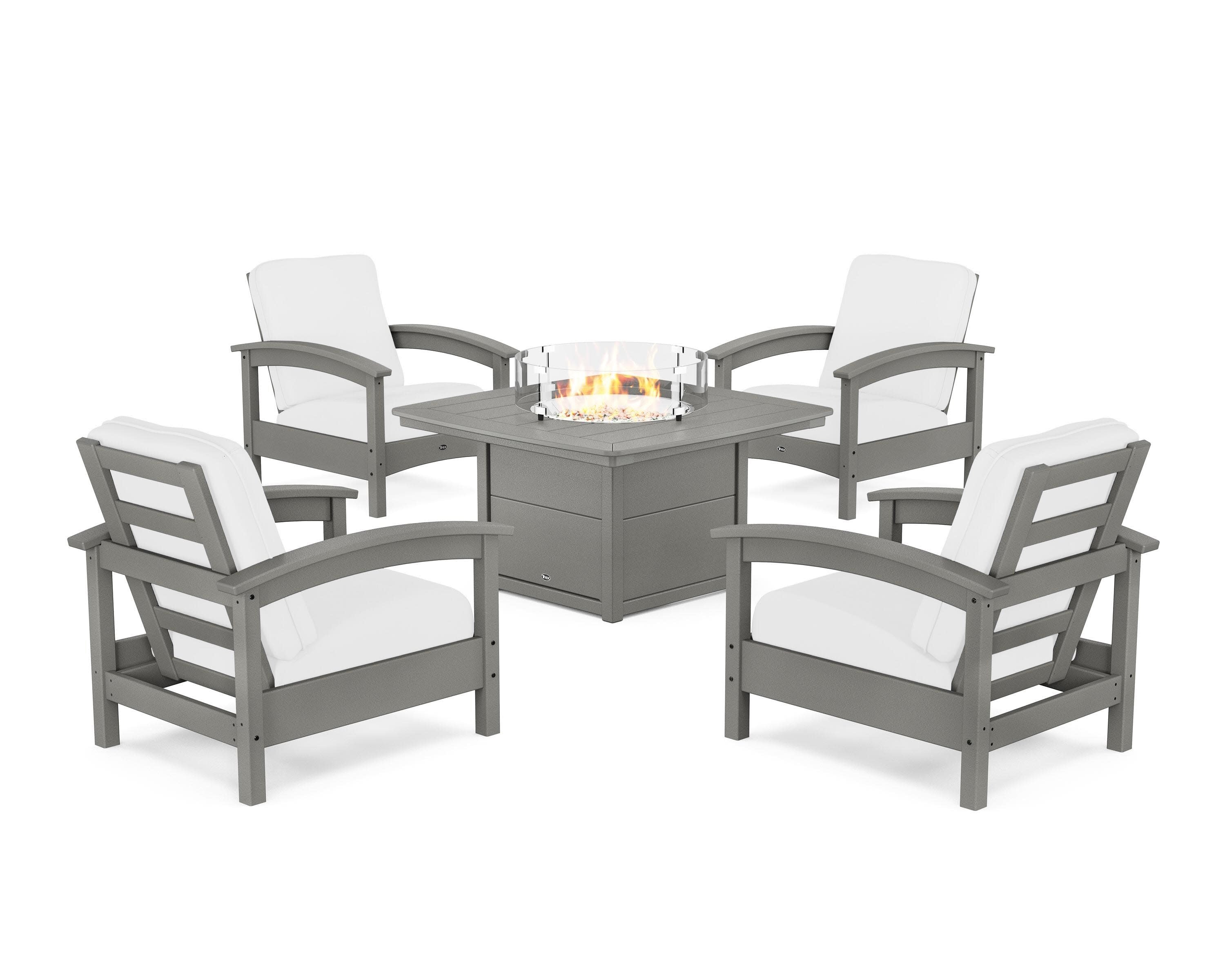 Rockport 5-Piece Deep Seating Set with Yacht Club Fire Pit Table in Stepping Stone / Natural