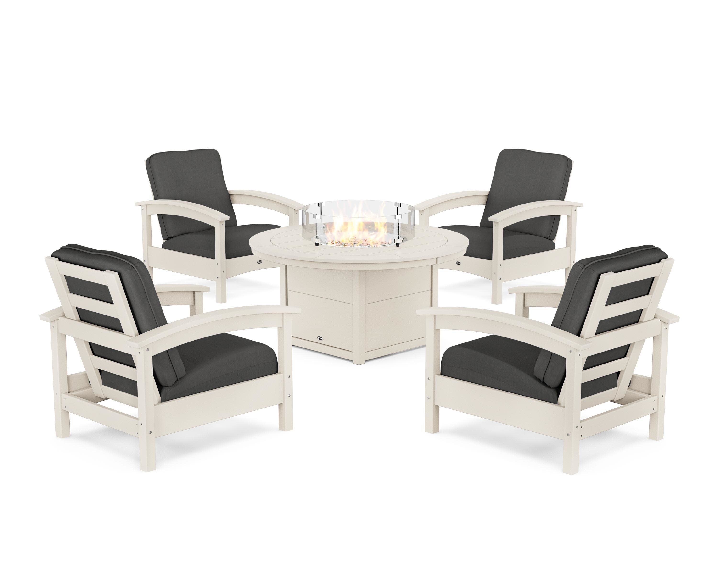 Rockport 5-Piece Deep Seating Set with Round Fire Pit Table in Sand Castle / Spectrum Carbon