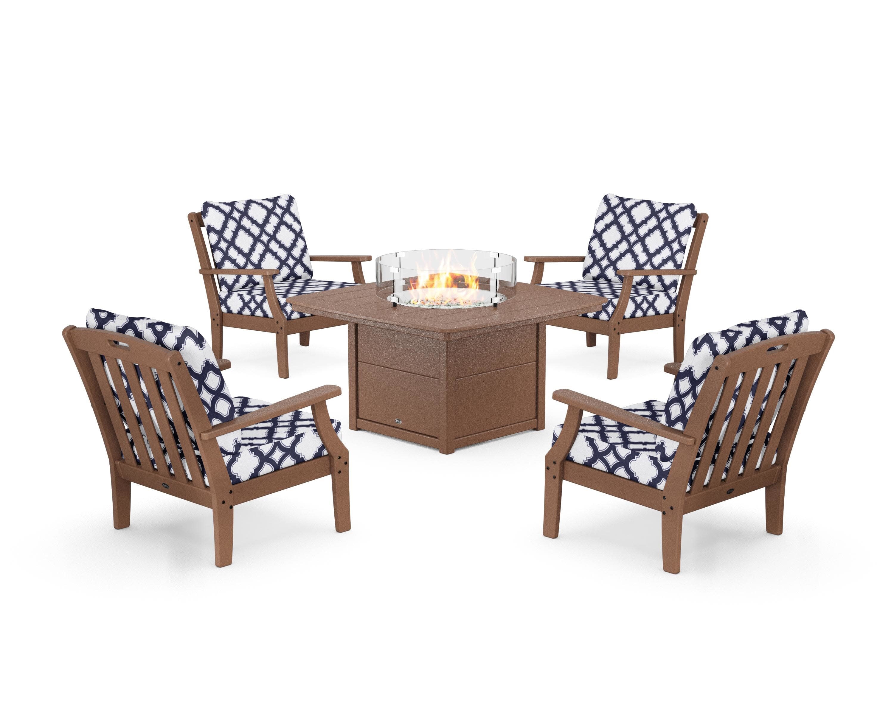 Yacht Club 5-Piece Deep Seating Set with Fire Pit Table in Tree House / Trellis Navy
