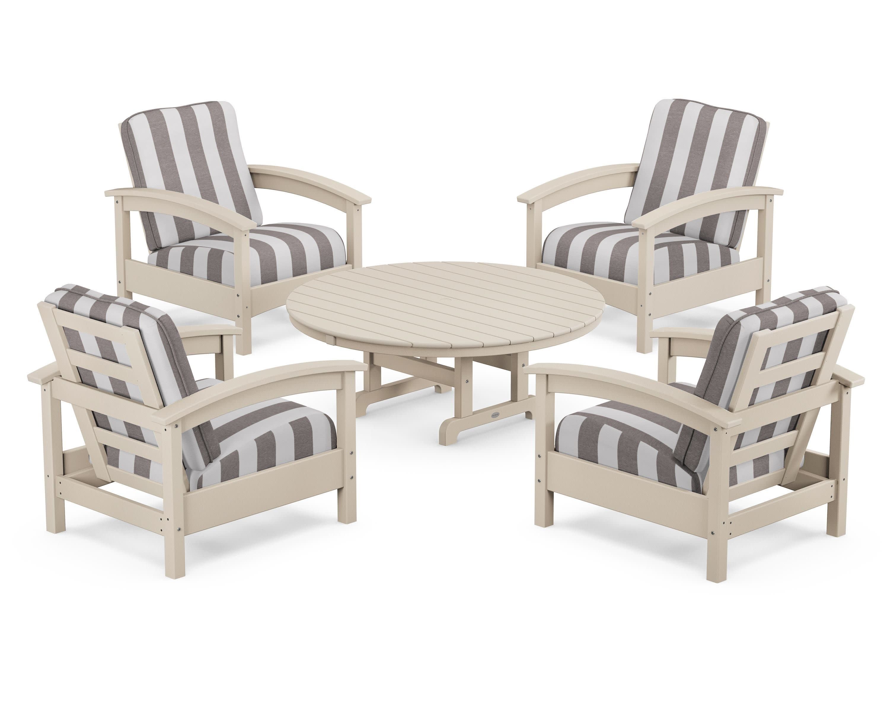 Rockport 5-Piece Deep Seating Set in Sand Castle / Cabana Stripe Grey Mist
