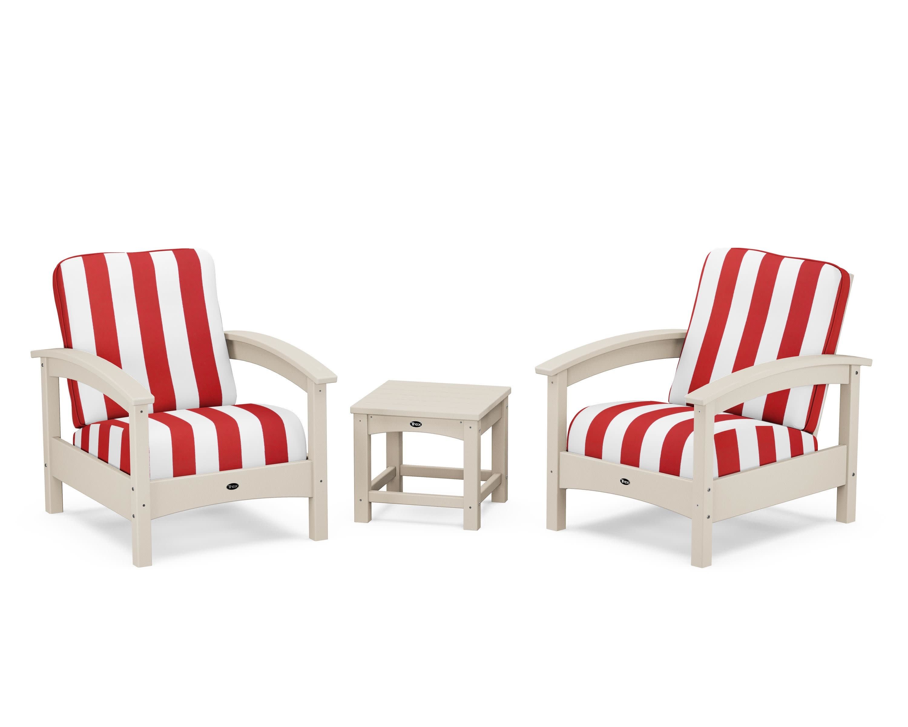 Rockport Club 3-Piece Deep Seating Conversation Set in Sand Castle / Cabana Stripe Crimson