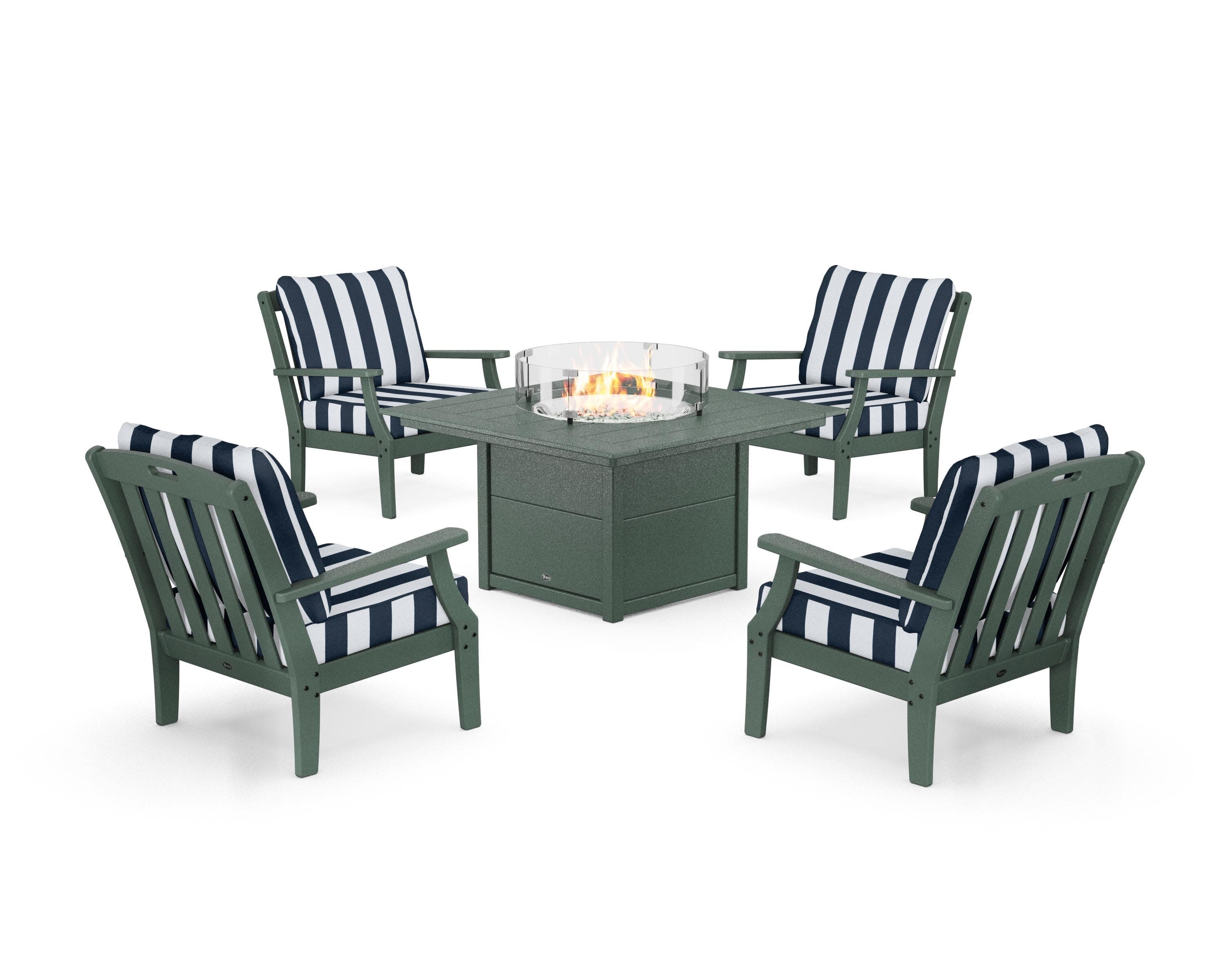 Yacht Club 5-Piece Deep Seating Set with Square Fire Pit Table in Rainforest Canopy / Cabana Stripe Marine Indigo