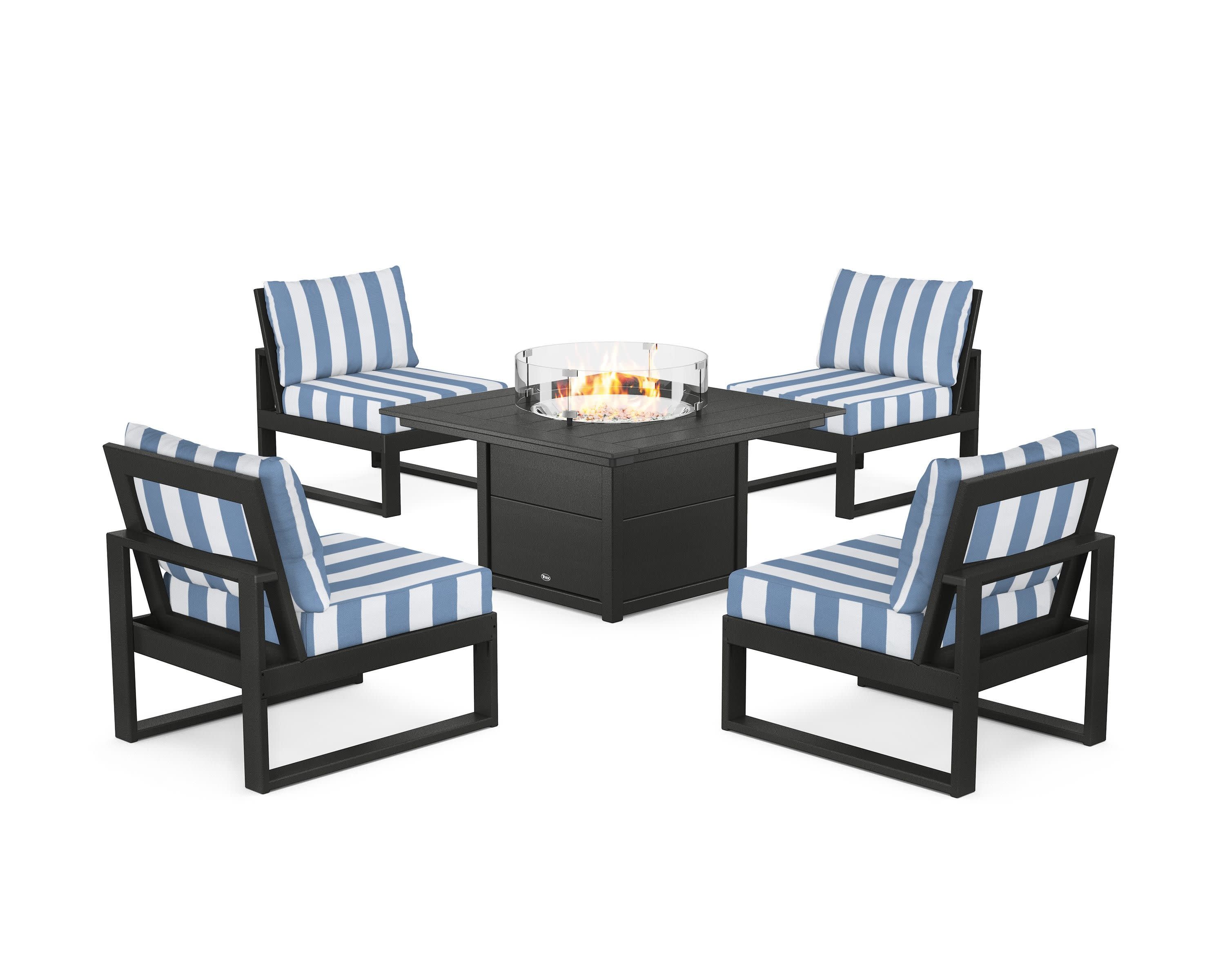 Eastport Modular 5-Piece Deep Seating Set with Square Fire Pit Table in Charcoal Black / Cabana Stripe Sky Blue