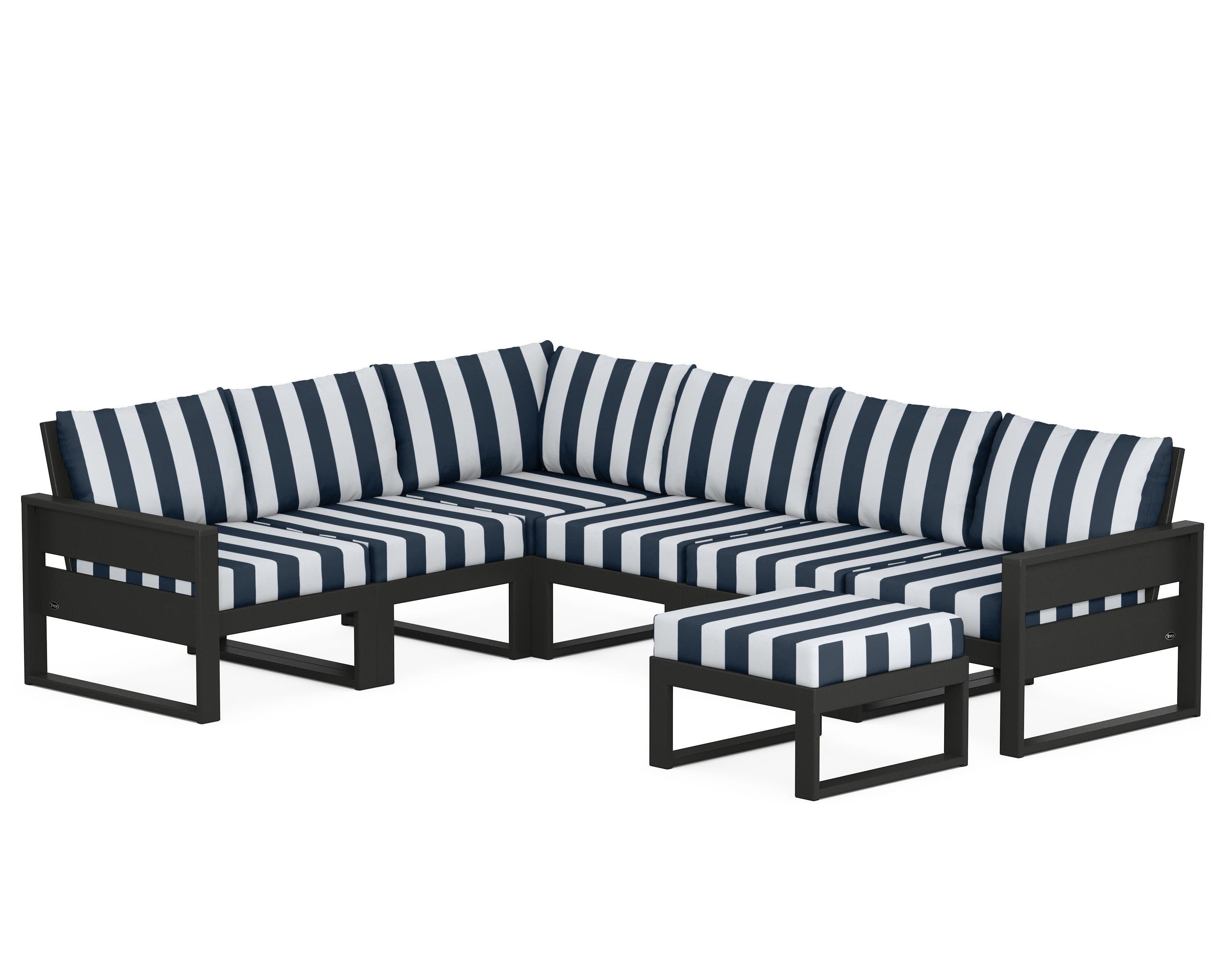 Eastport 6-Piece Sectional with Ottoman in Charcoal Black / Cabana Stripe Marine Indigo