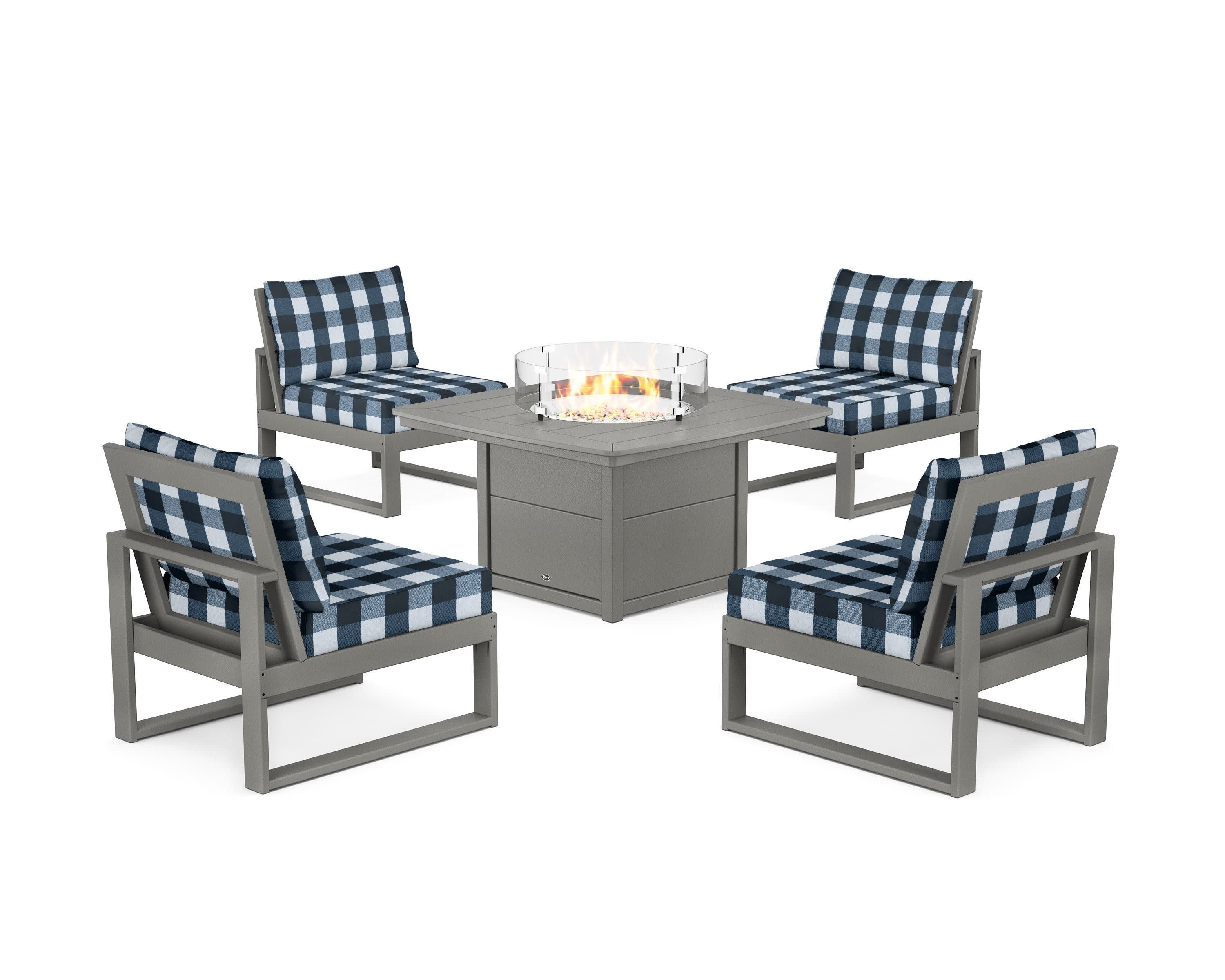 Eastport Modular 5-Piece Deep Seating Set with Yacht Club Fire Pit Table in Stepping Stone / Buffalo Plaid Marine Indigo