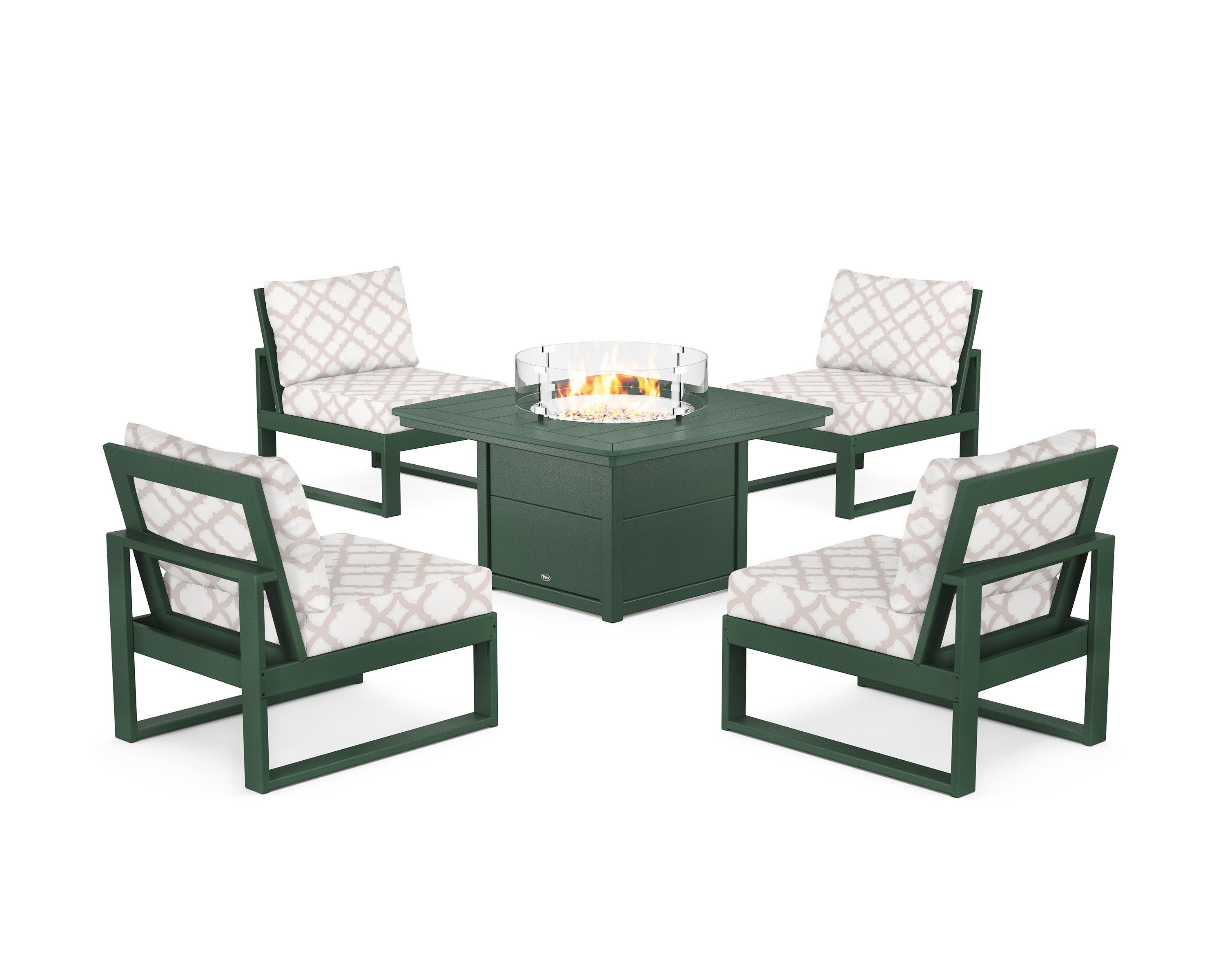 Eastport Modular 5-Piece Deep Seating Set with Yacht Club Fire Pit Table in Rainforest Canopy / Trellis Dune Burlap