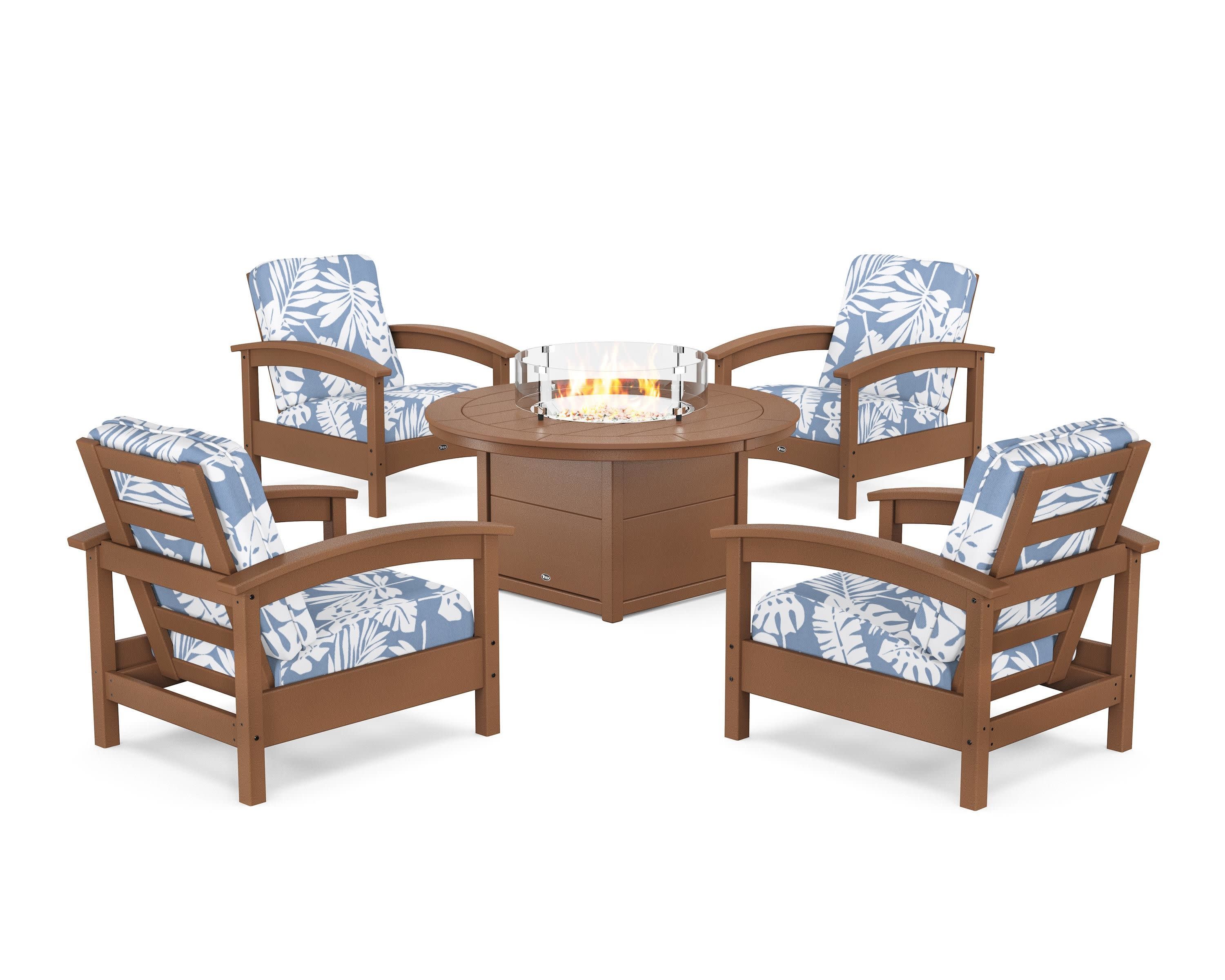 Rockport 5-Piece Deep Seating Set with Round Fire Pit Table in Tree House / Leaf Sky Blue