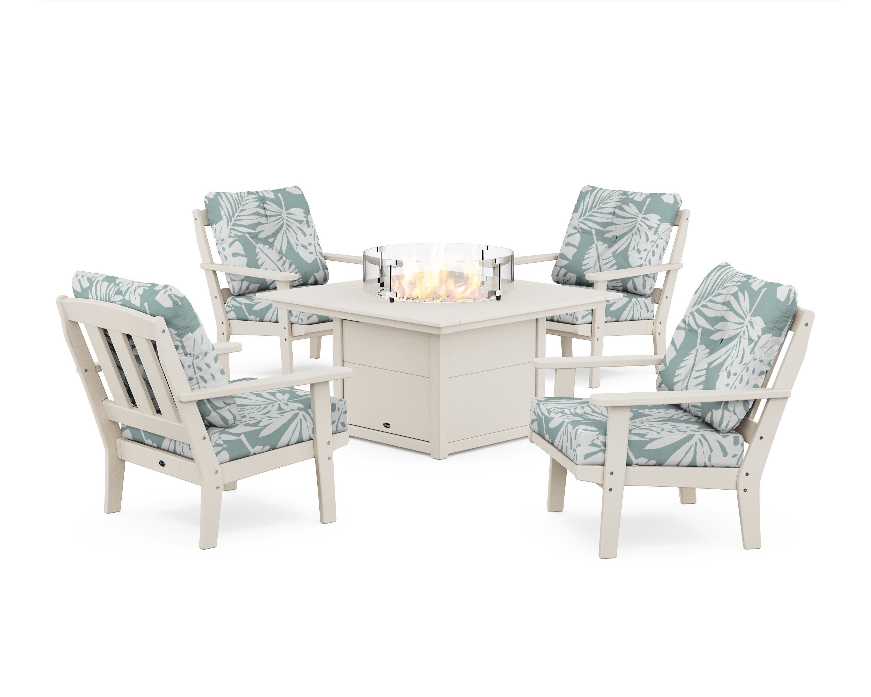 Cape Cod 5-Piece Deep Seating Set with Fire Pit Table in Sand Castle / Leaf Glacier Spa
