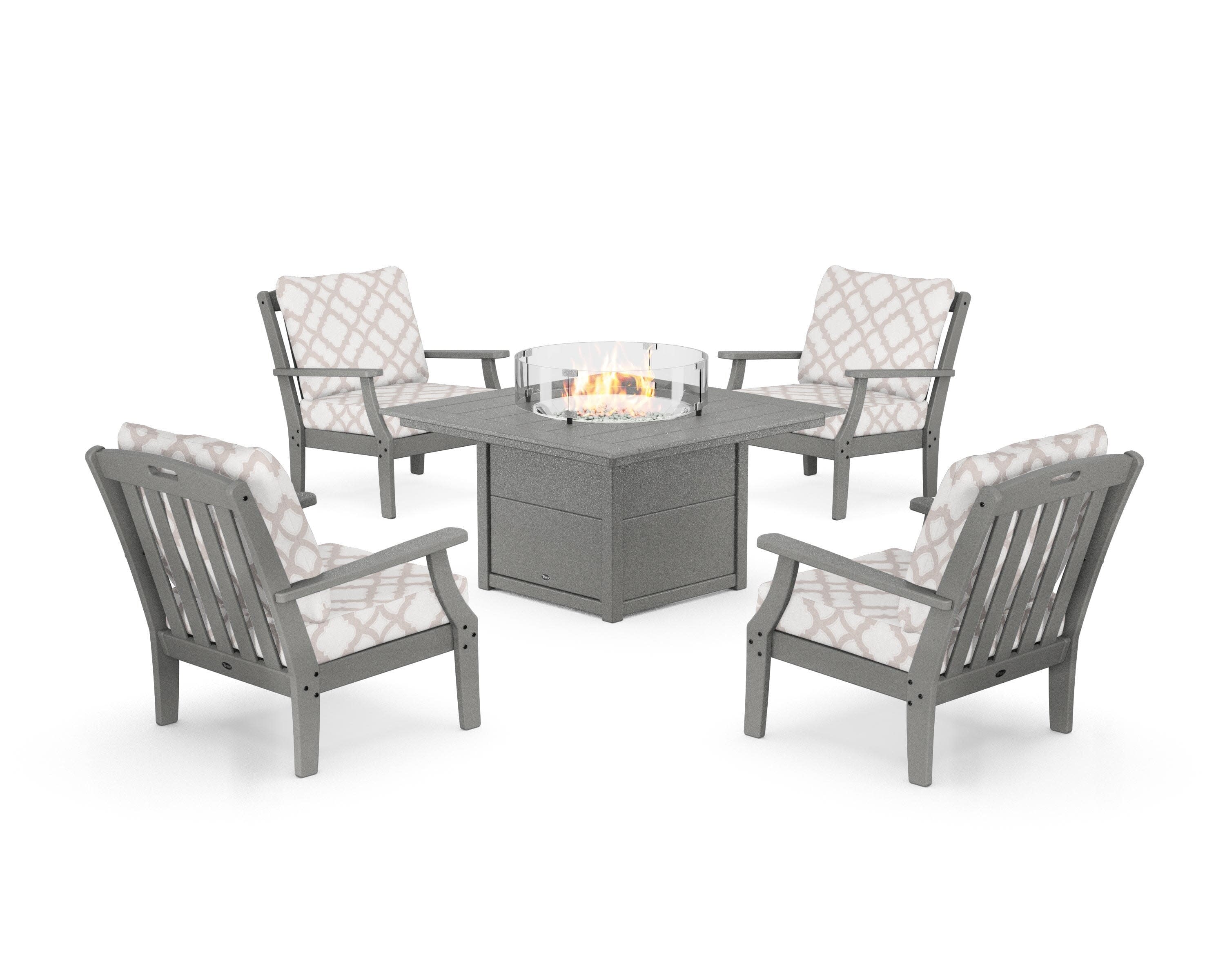 Yacht Club 5-Piece Deep Seating Set with Square Fire Pit Table in Stepping Stone / Trellis Dune Burlap