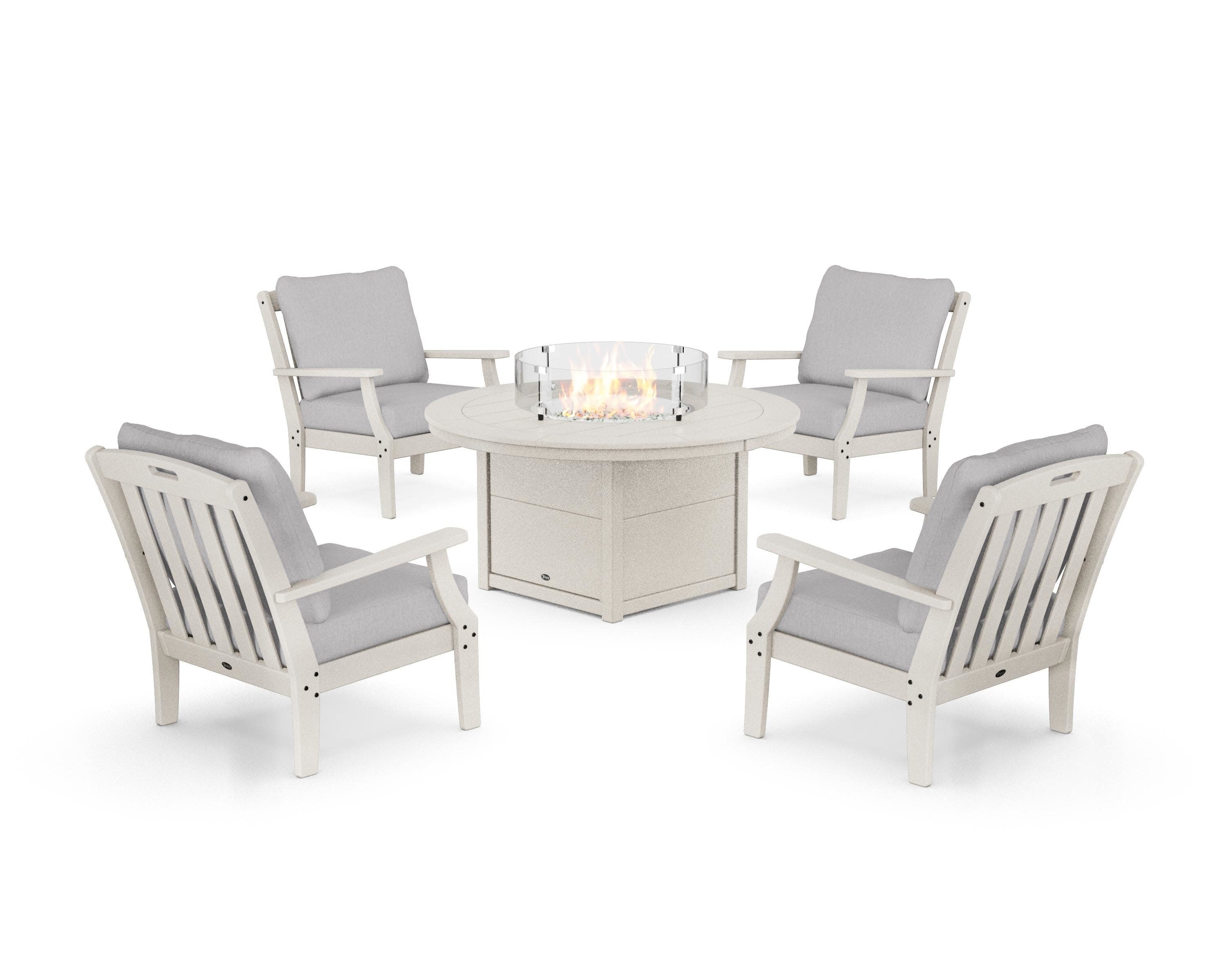 Yacht Club 5-Piece Deep Seating Set with Round Fire Pit Table in Sand Castle / Granite