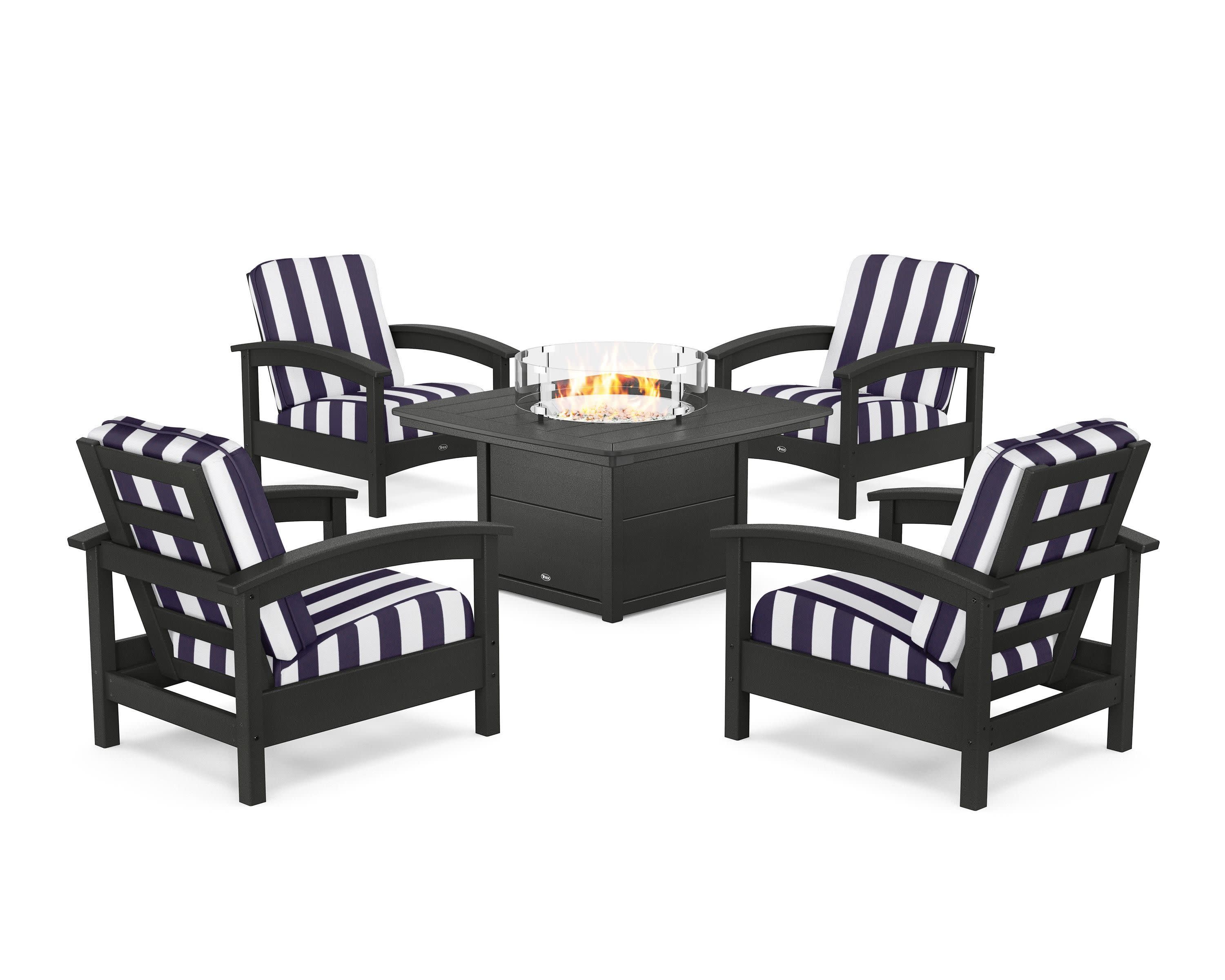 Rockport 5-Piece Deep Seating Set with Yacht Club Fire Pit Table in Charcoal Black / Cabana Stripe Navy