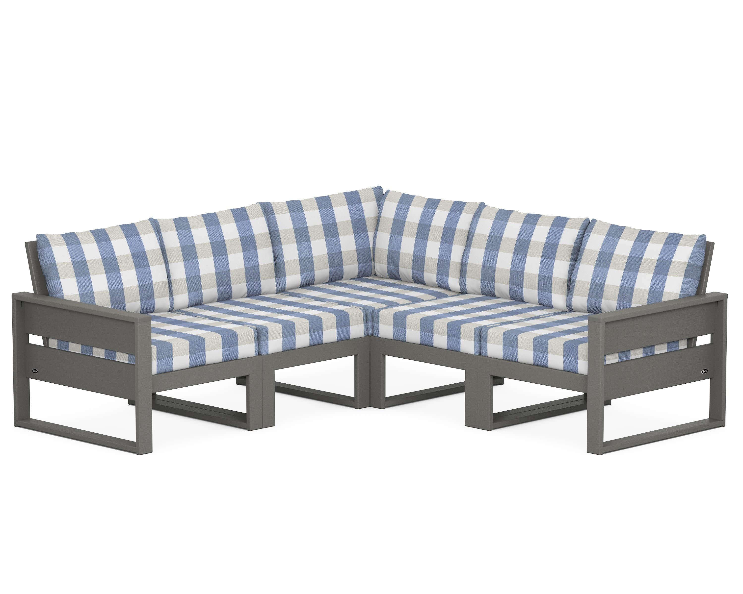 Eastport 5-Piece Sectional in Stepping Stone / Buffalo Plaid Sky Blue