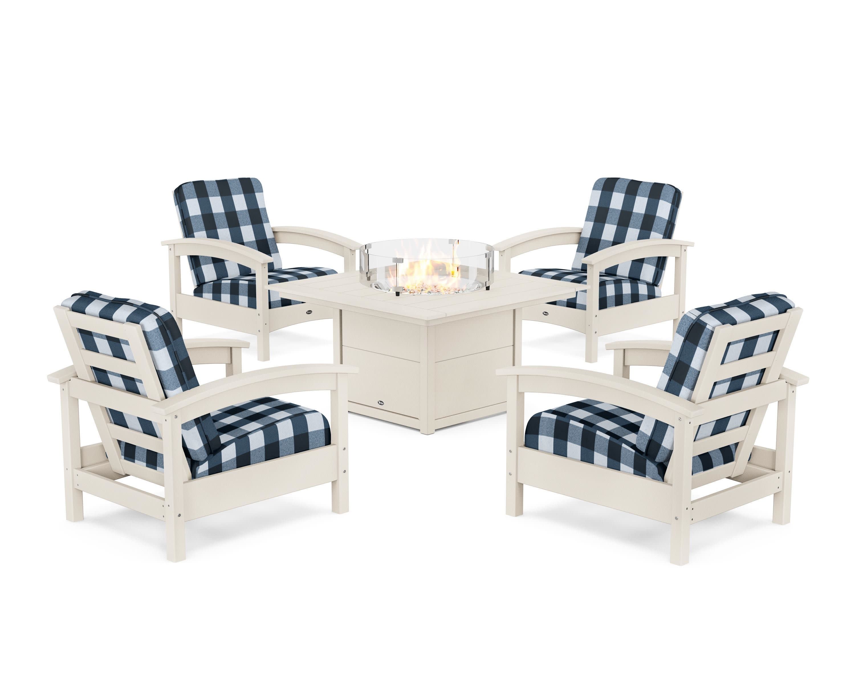 Rockport 5-Piece Deep Seating Set with Square Fire Pit Table in Sand Castle / Buffalo Plaid Marine Indigo