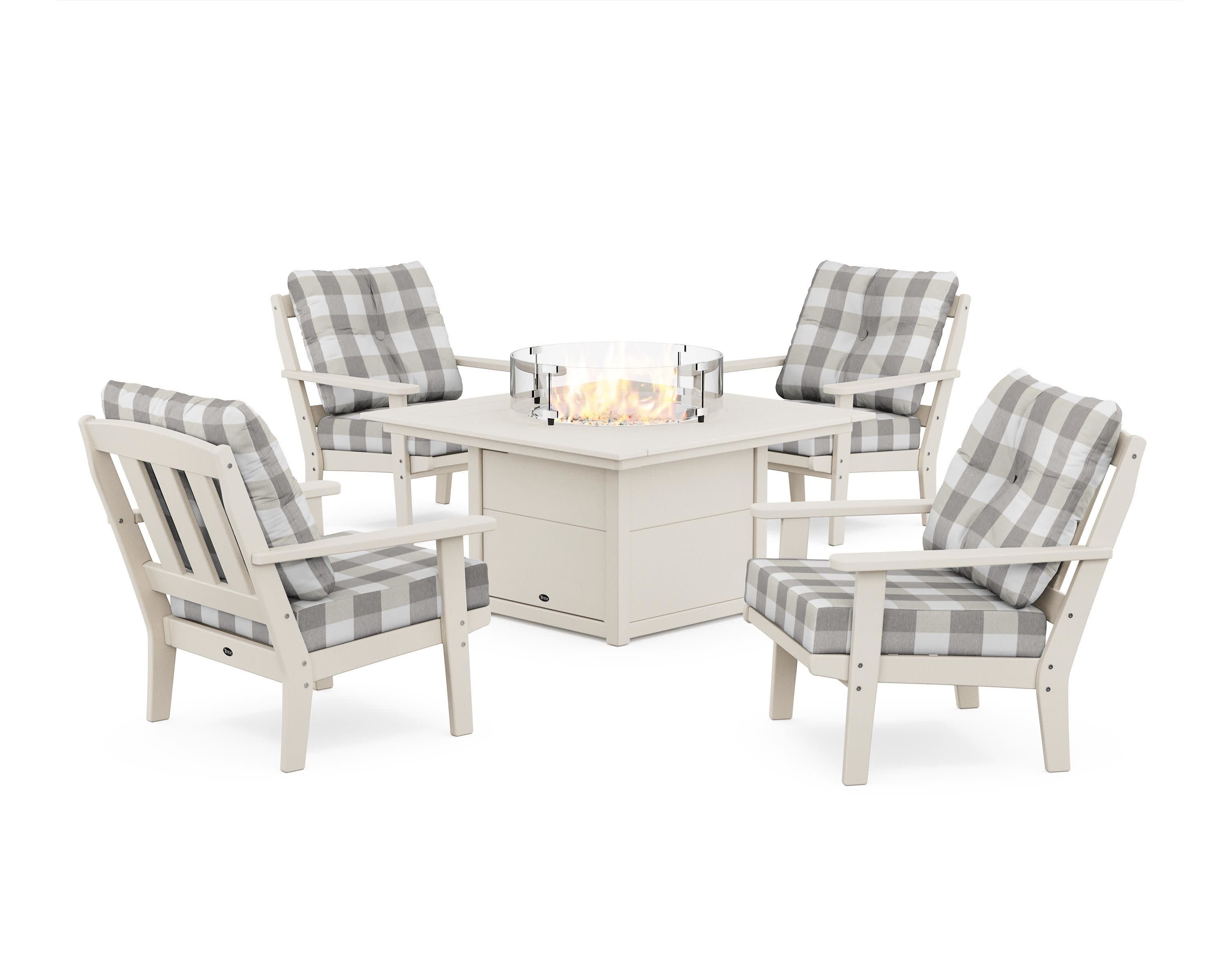 Cape Cod 5-Piece Deep Seating Set with Fire Pit Table in Sand Castle / Buffalo Plaid Grey Mist