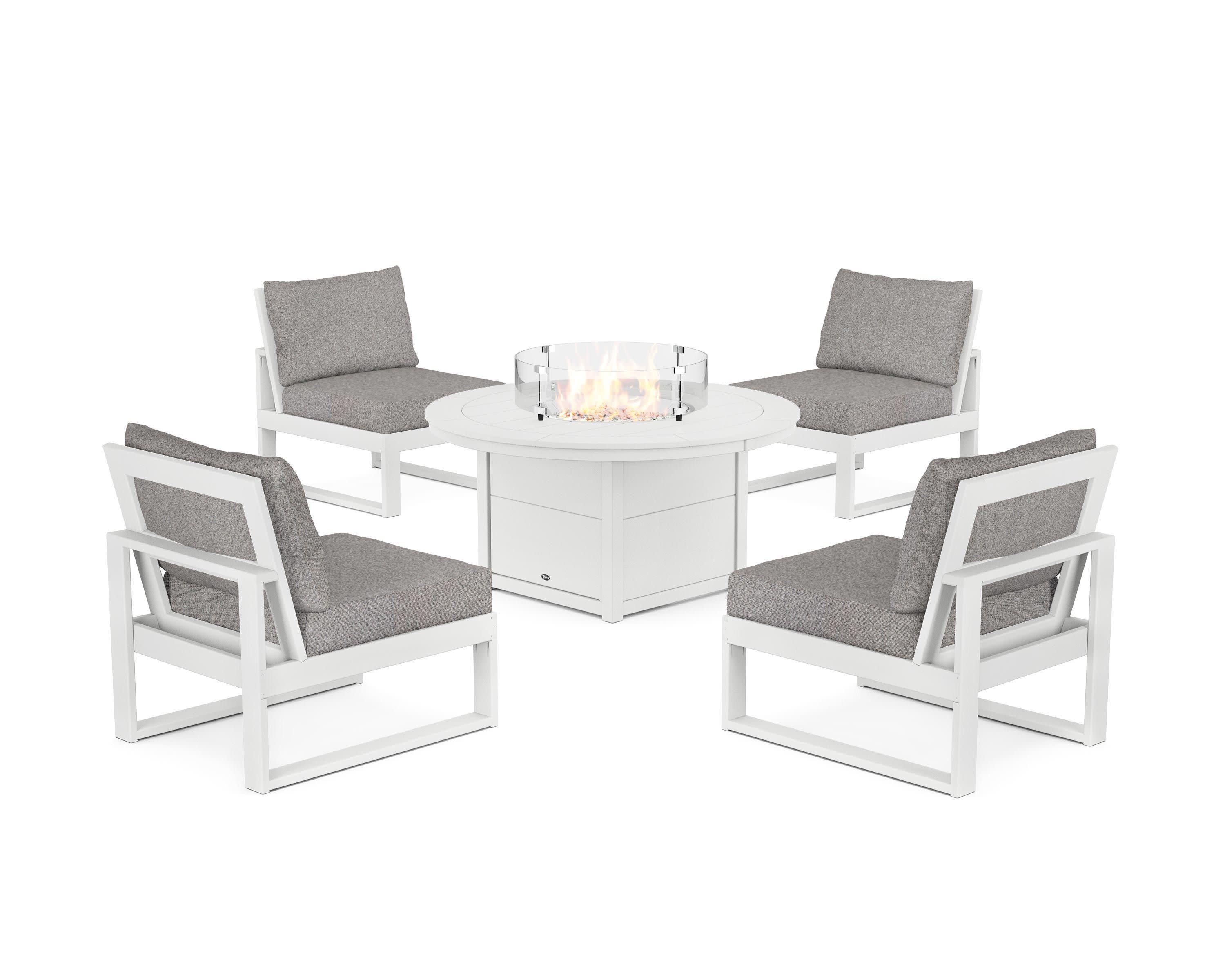 Eastport Modular 5-Piece Deep Seating Set with Round Fire Pit Table in Classic White / Grey Mist