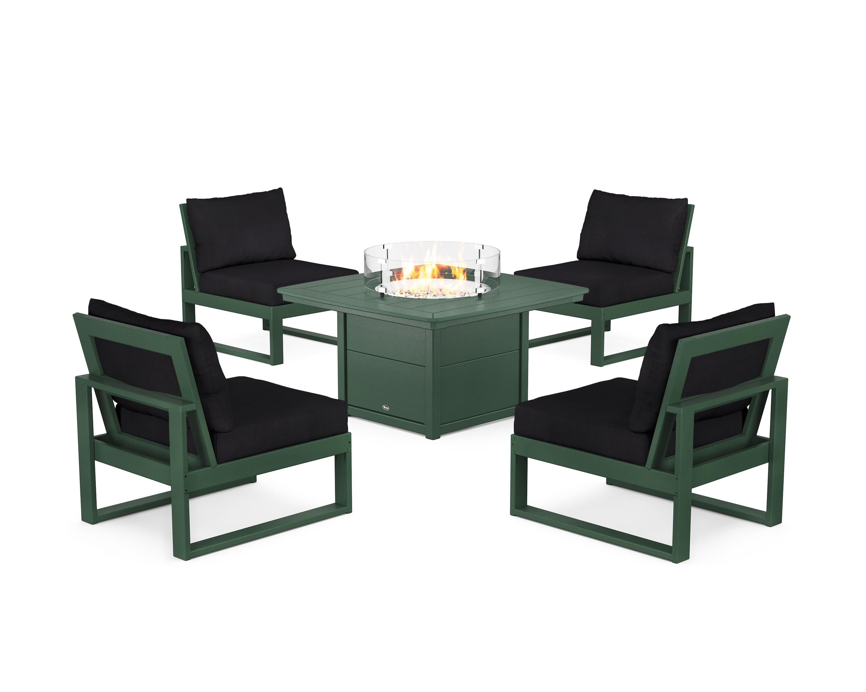 Eastport Modular 5-Piece Deep Seating Set with Yacht Club Fire Pit Table in Rainforest Canopy / Midnight Linen