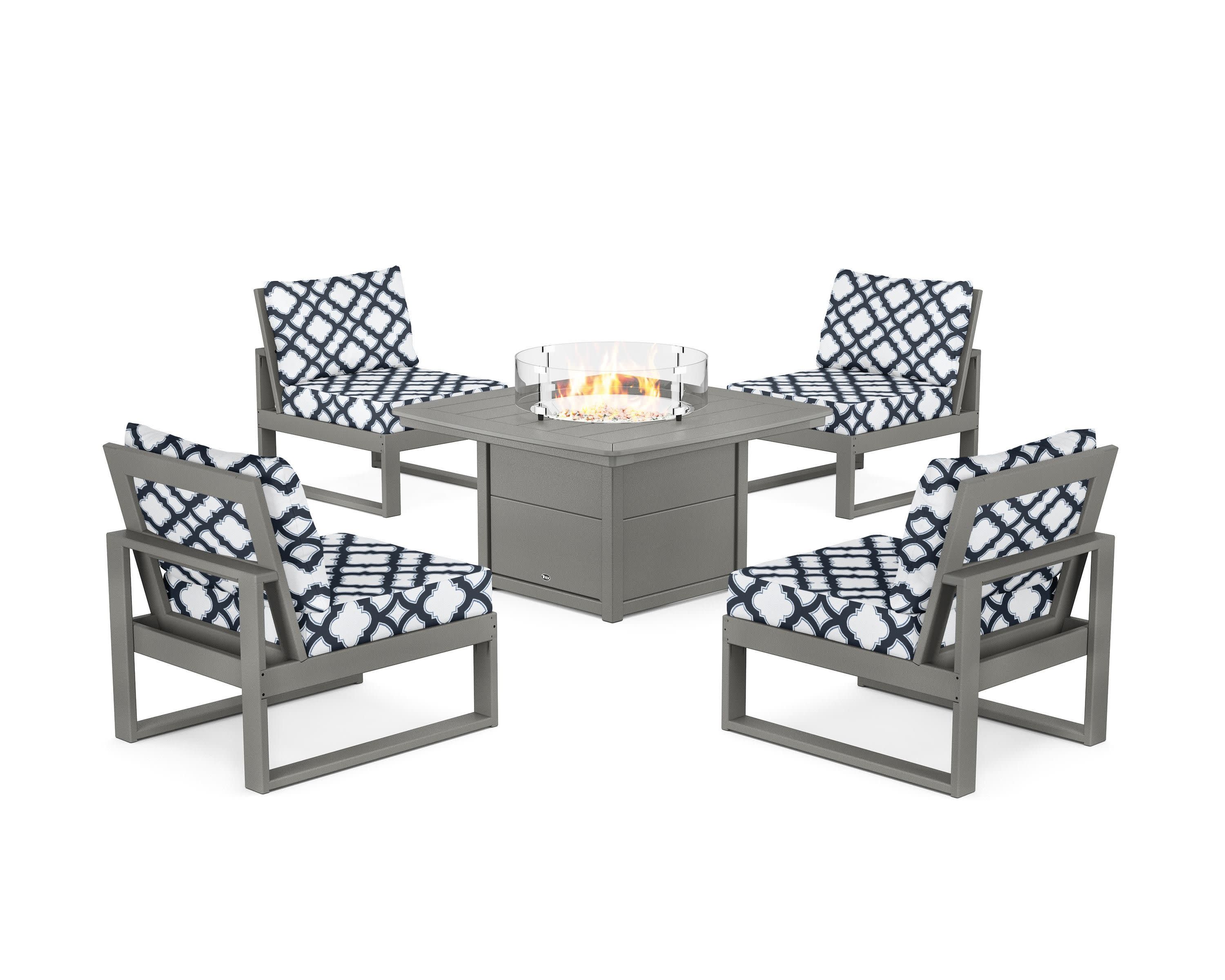 Eastport Modular 5-Piece Deep Seating Set with Yacht Club Fire Pit Table in Stepping Stone / Trellis Marine Indigo
