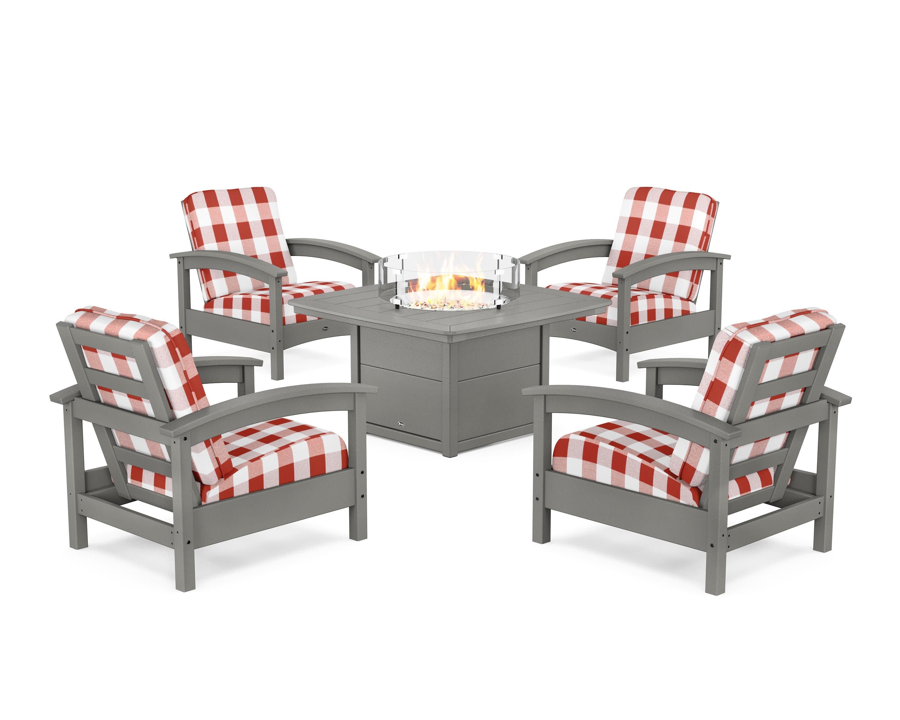 Rockport 5-Piece Deep Seating Set with Yacht Club Fire Pit Table in Stepping Stone / Buffalo Plaid Crimson