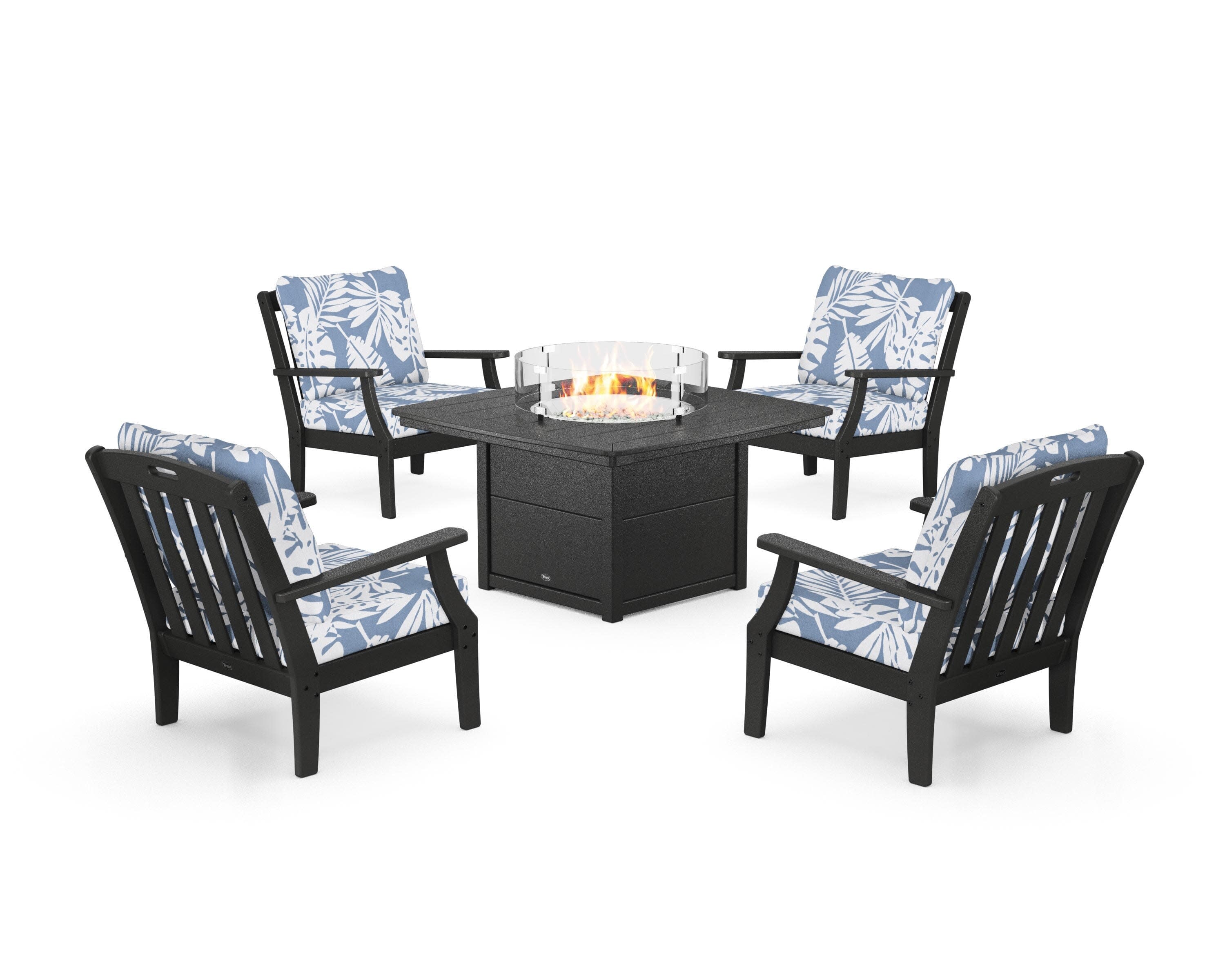 Yacht Club 5-Piece Deep Seating Set with Fire Pit Table in Charcoal Black / Leaf Sky Blue