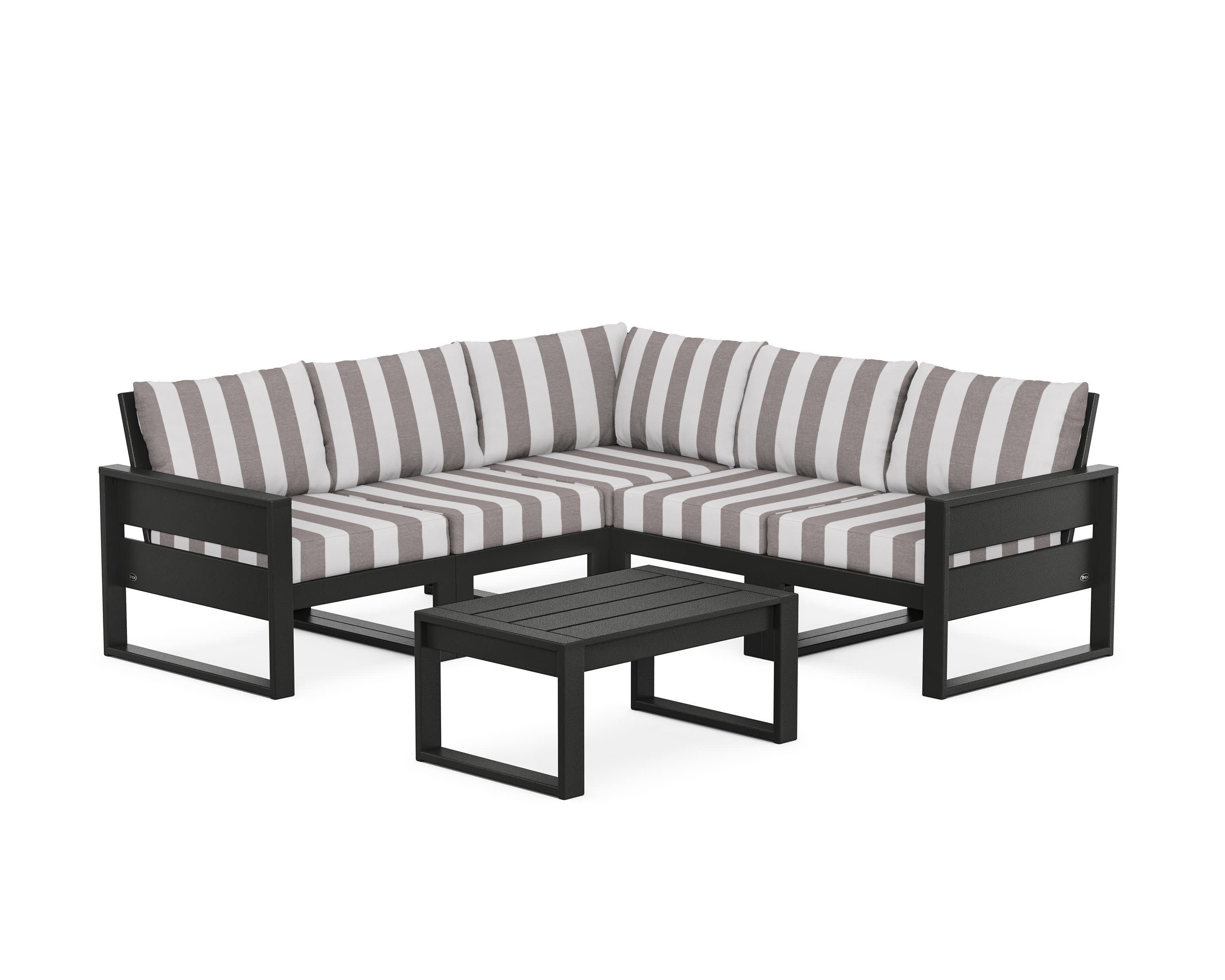 Eastport 6-Piece Deep Seating Sectional + Coffee Table Set in Charcoal Black / Cabana Stripe Grey Mist