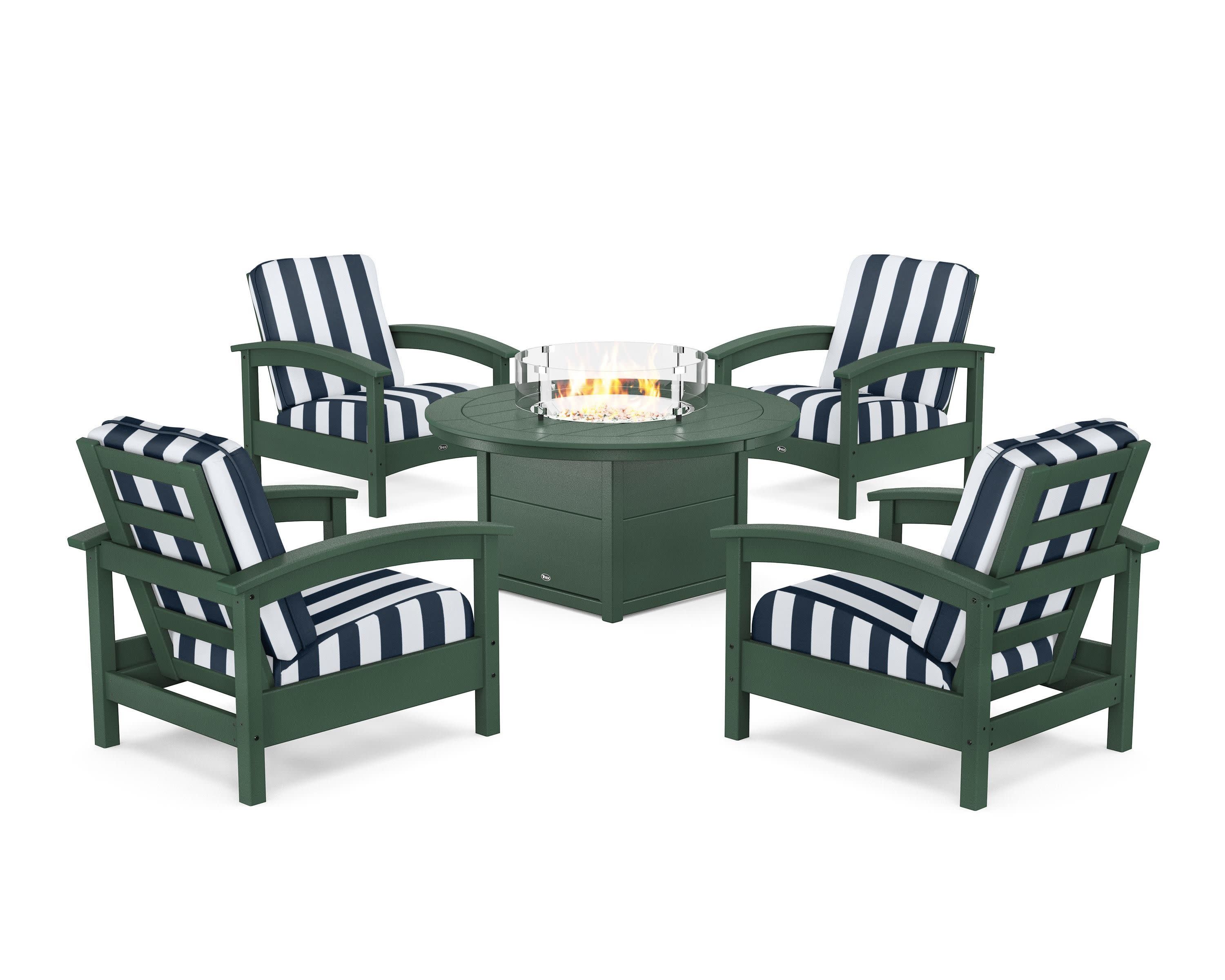 Rockport 5-Piece Deep Seating Set with Round Fire Pit Table in Rainforest Canopy / Cabana Stripe Marine Indigo