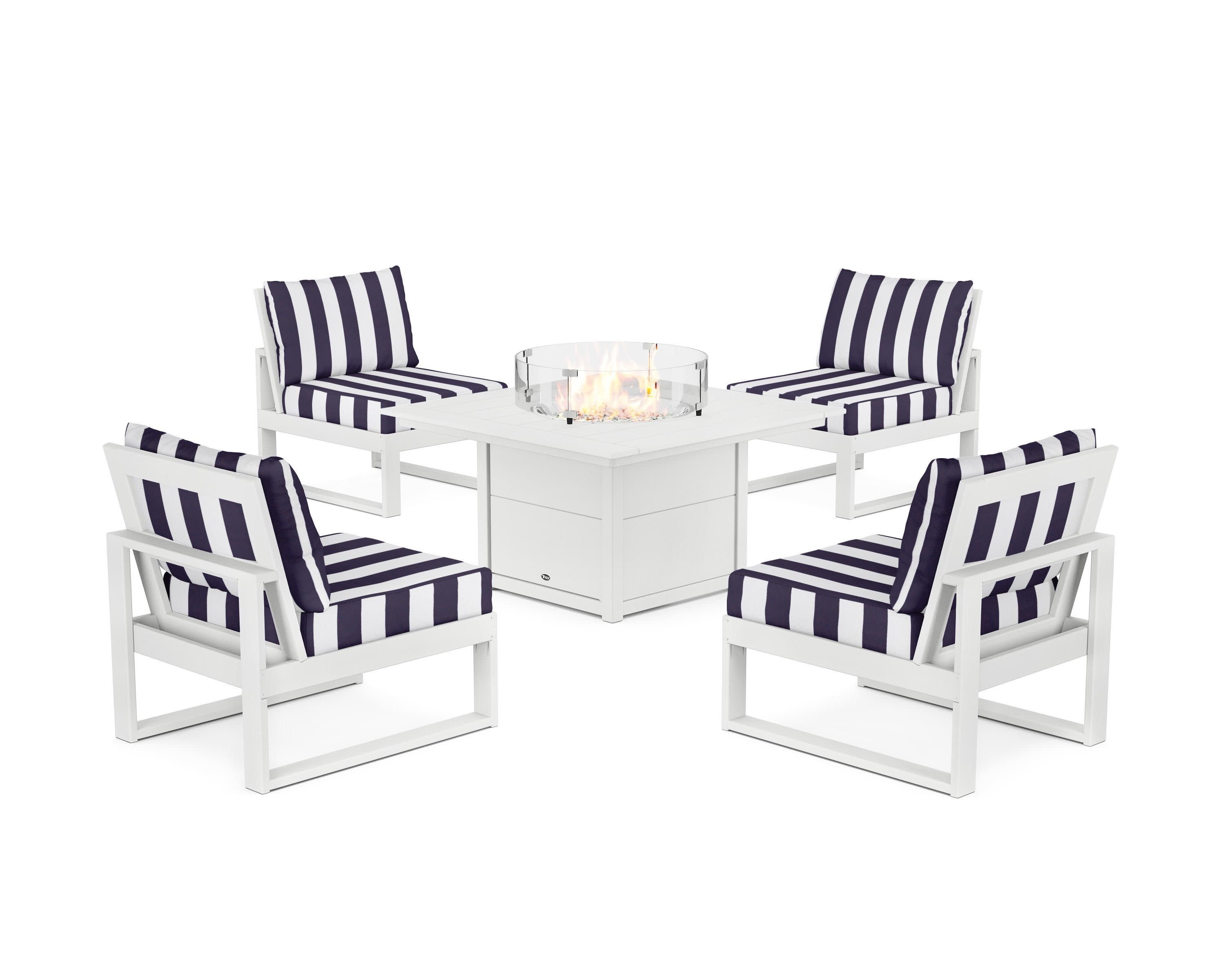 Eastport Modular 5-Piece Deep Seating Set with Square Fire Pit Table in Classic White / Cabana Stripe Navy