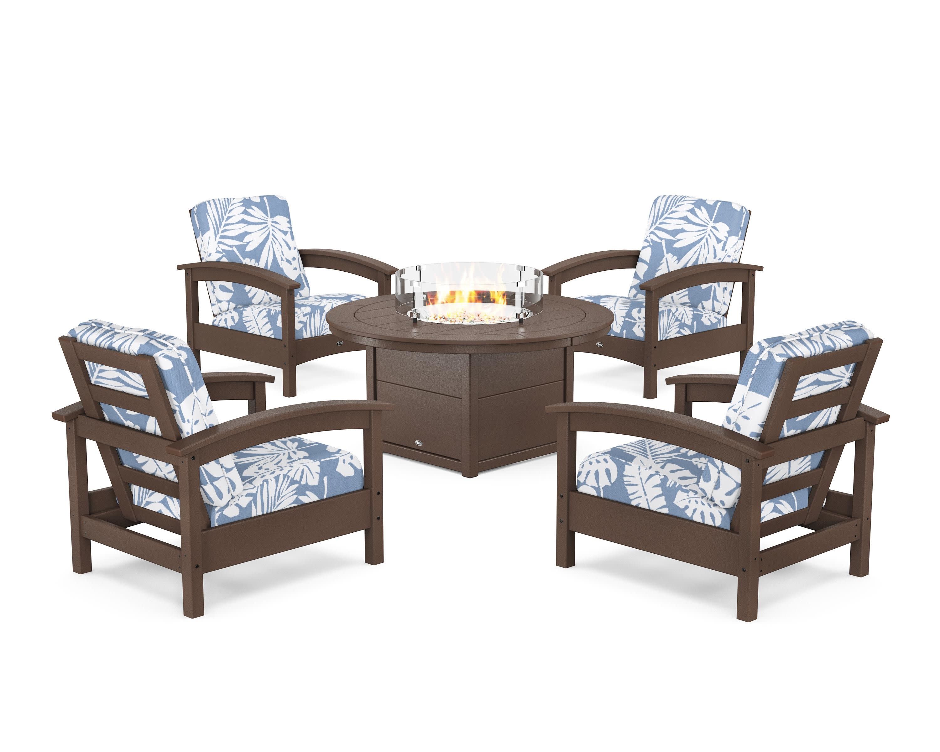 Rockport 5-Piece Deep Seating Set with Round Fire Pit Table in Vintage Lantern / Leaf Sky Blue