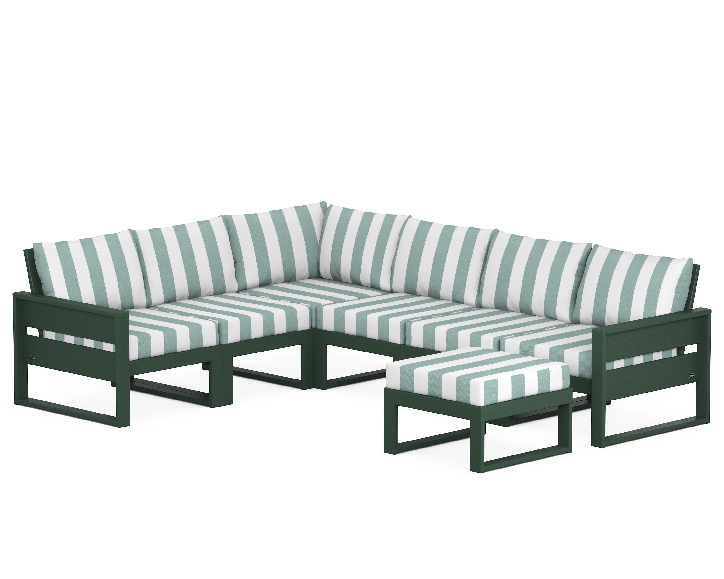 Eastport 6-Piece Sectional with Ottoman in Rainforest Canopy / Cabana Stripe Glacier Spa