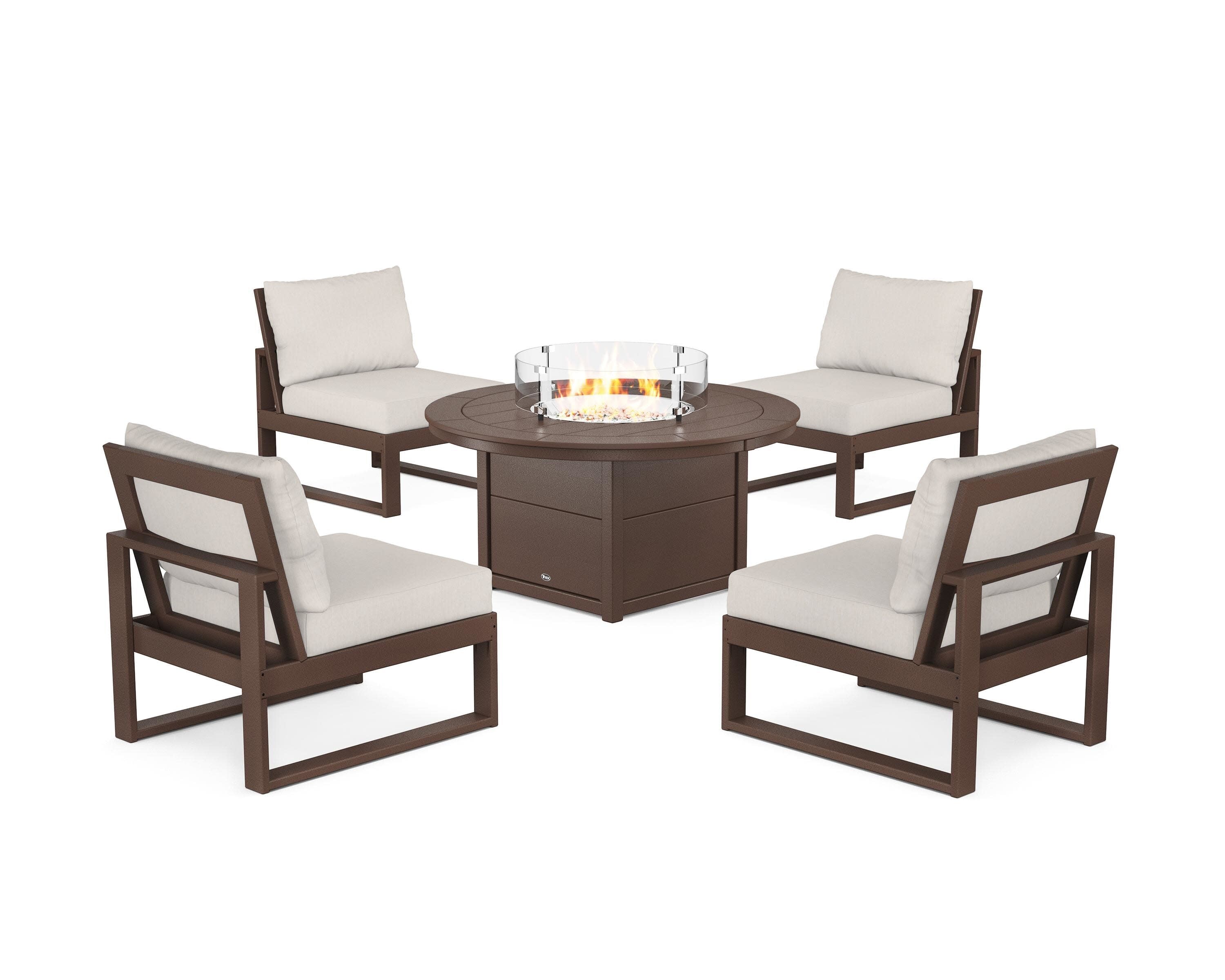 Eastport Modular 5-Piece Deep Seating Set with Round Fire Pit Table in Vintage Lantern / Cast Ash