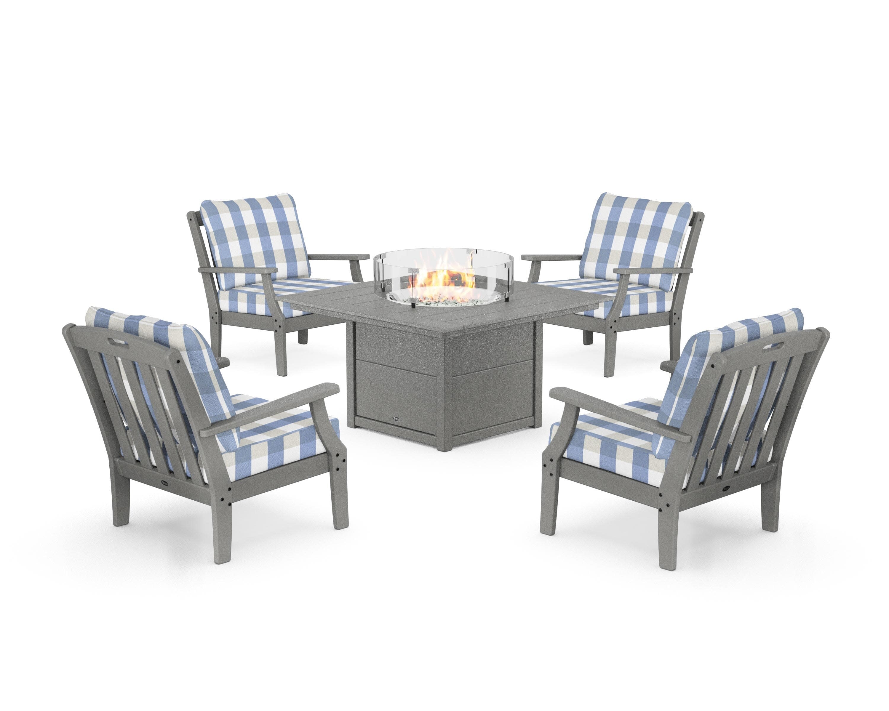 Yacht Club 5-Piece Deep Seating Set with Square Fire Pit Table in Stepping Stone / Buffalo Plaid Sky Blue