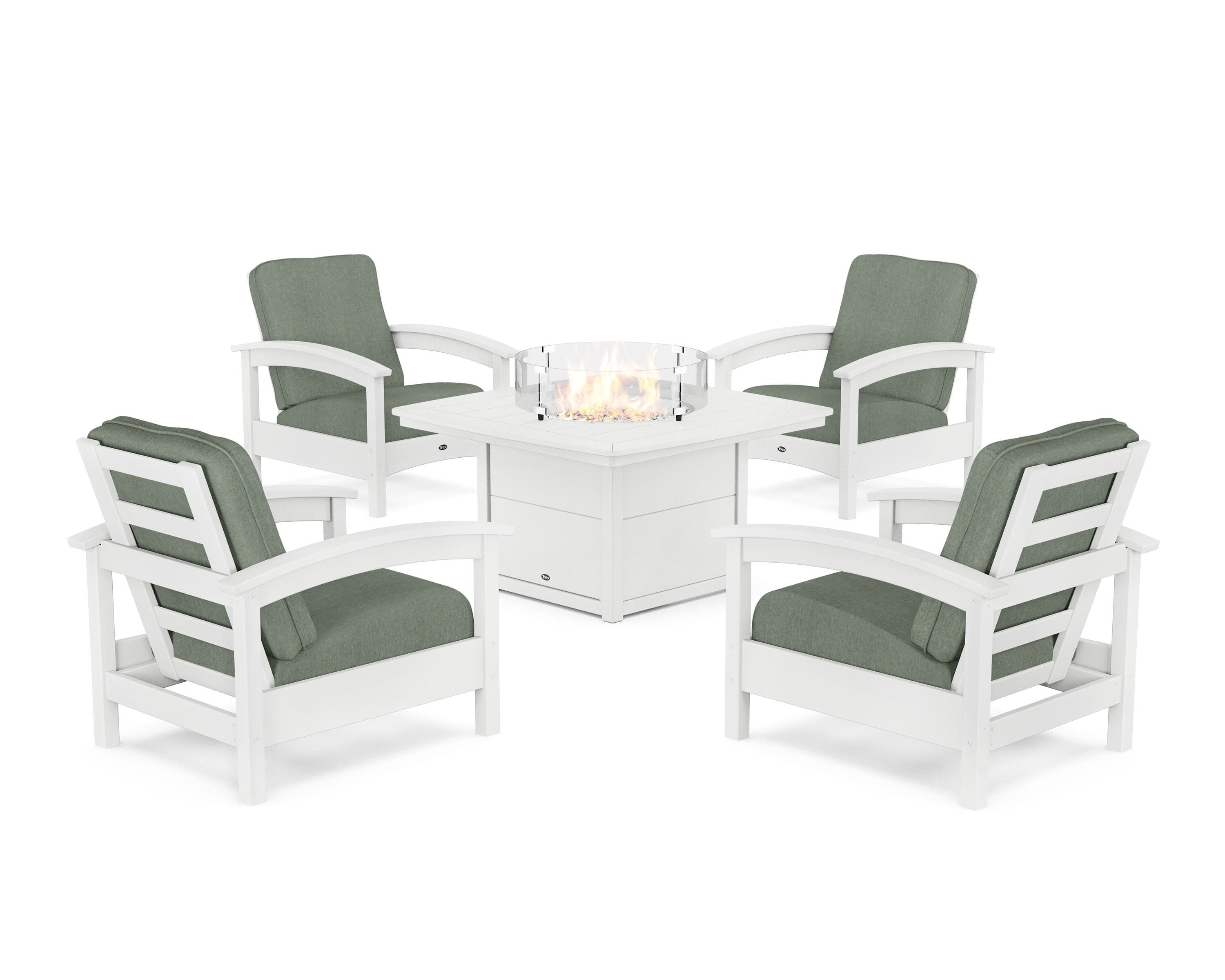 Rockport 5-Piece Deep Seating Set with Yacht Club Fire Pit Table in Classic White / Cast Sage