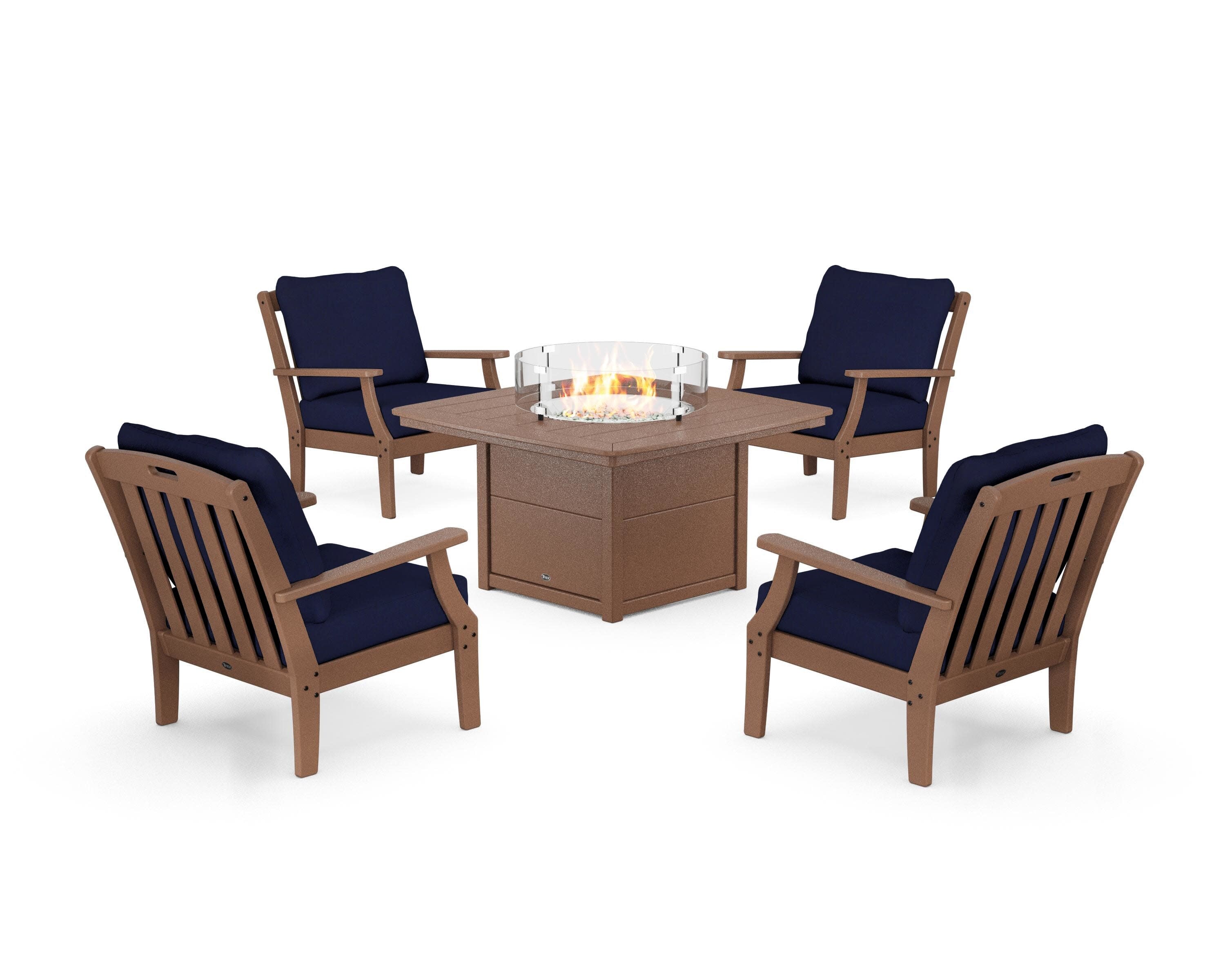 Yacht Club 5-Piece Deep Seating Set with Fire Pit Table in Tree House / Navy