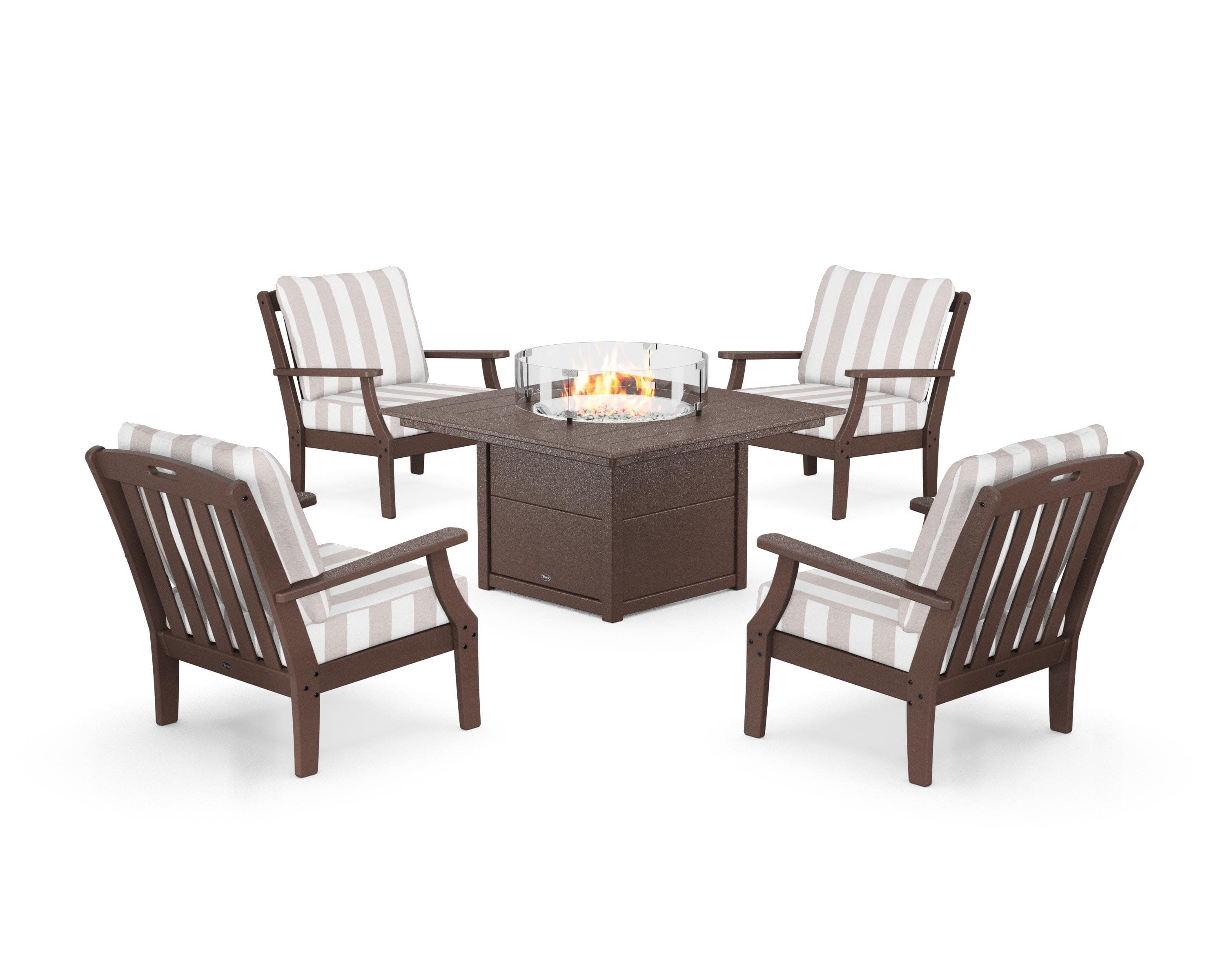 Yacht Club 5-Piece Deep Seating Set with Square Fire Pit Table in Vintage Lantern / Cabana Stripe Dune Burlap