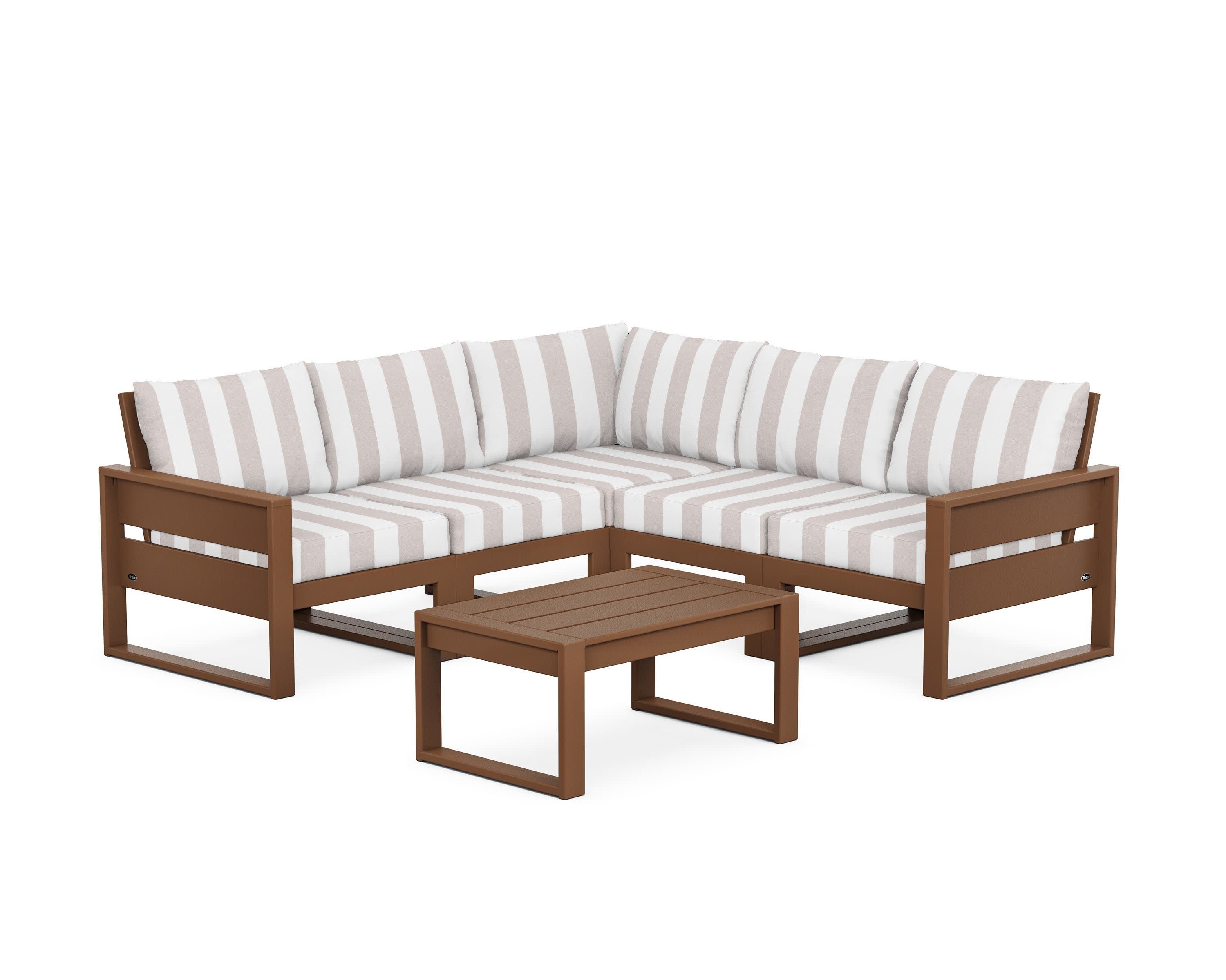 Eastport 6-Piece Deep Seating Sectional + Coffee Table Set in Tree House / Cabana Stripe Dune Burlap