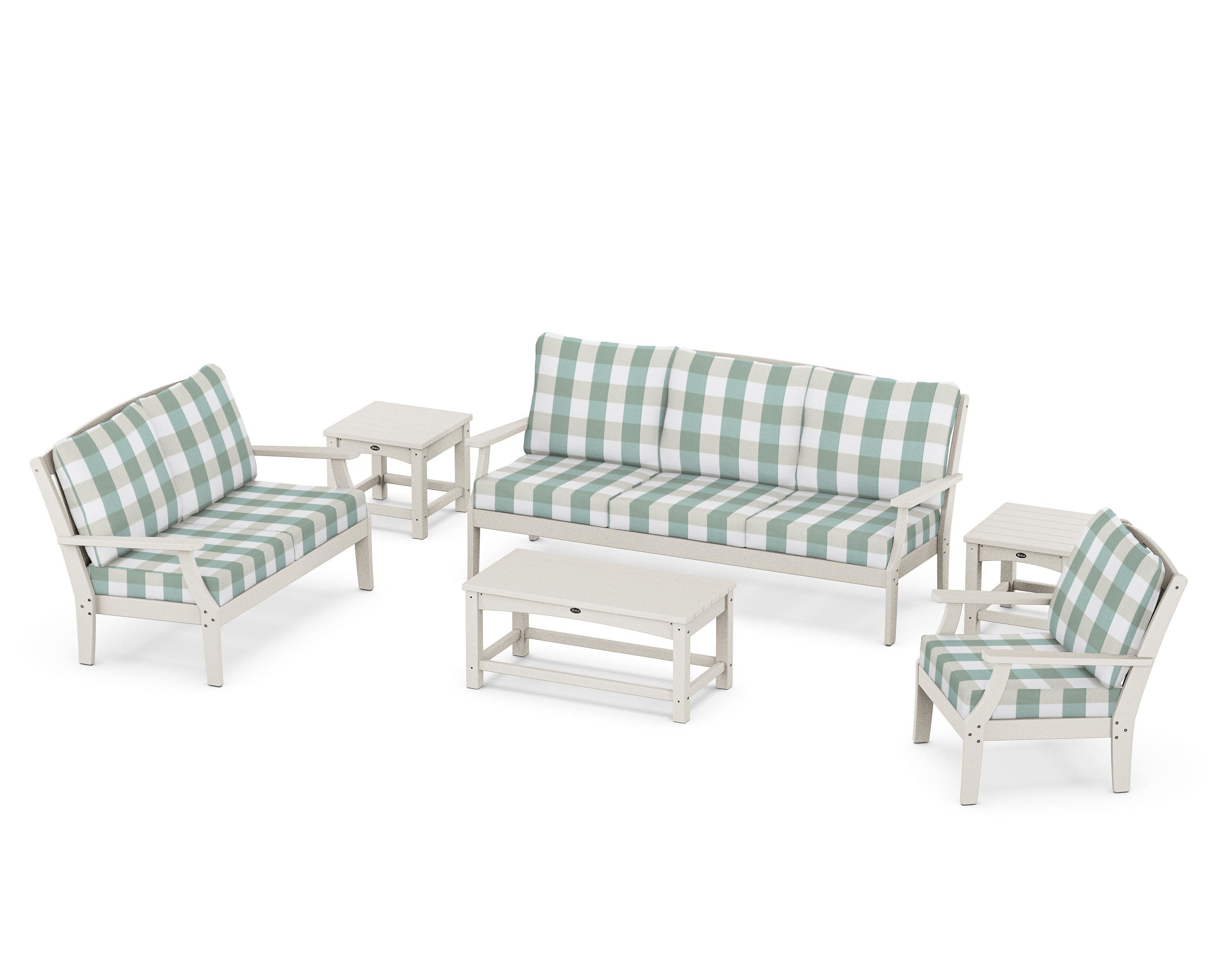 Yacht Club 6-Piece Deep Seating Set in Sand Castle / Buffalo Plaid Glacier Spa