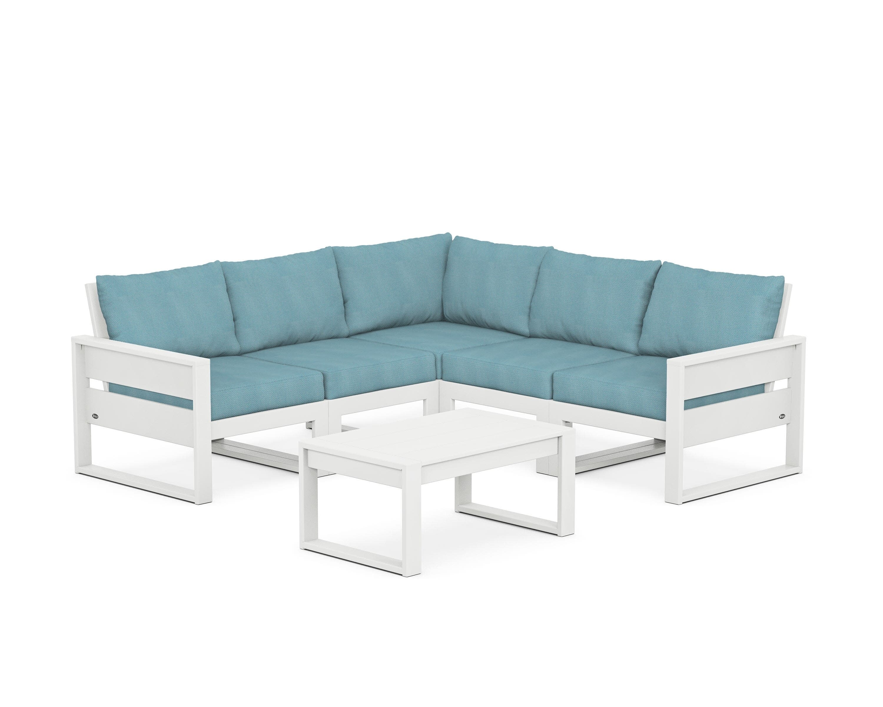 Eastport 6-Piece Deep Seating Sectional + Coffee Table Set in Classic White / Lattice Sky Blue