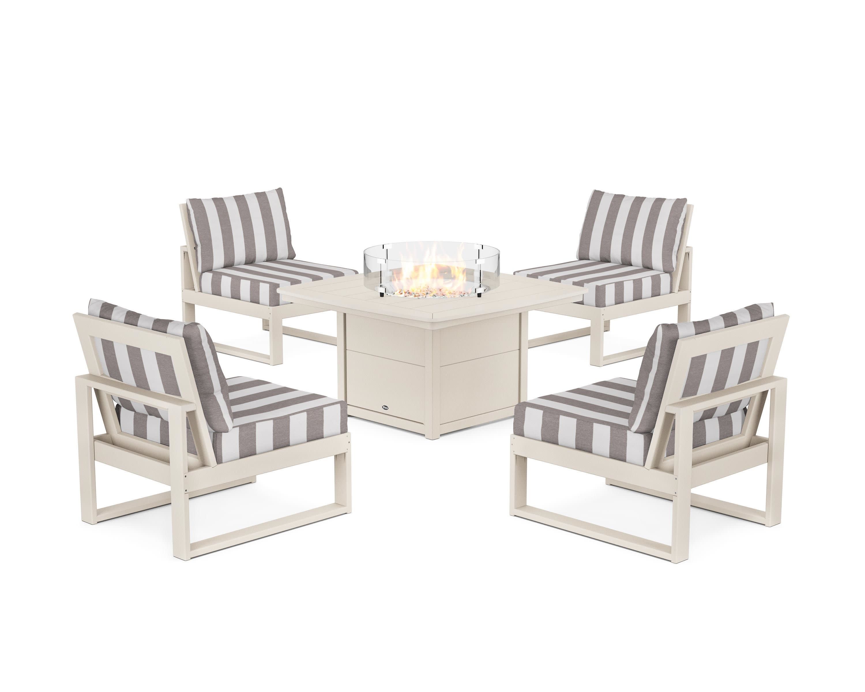 Eastport Modular 5-Piece Deep Seating Set with Yacht Club Fire Pit Table in Sand Castle / Cabana Stripe Grey Mist