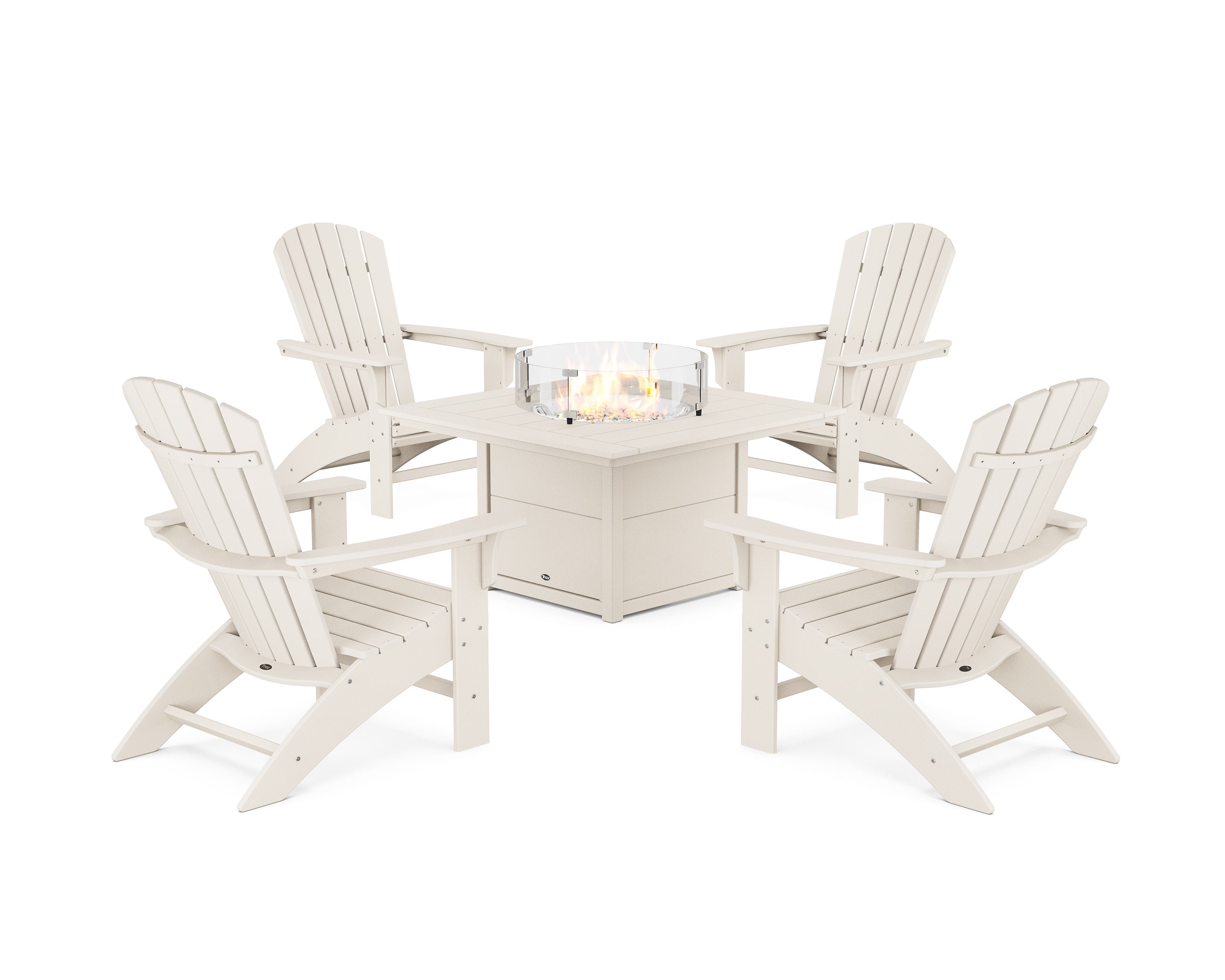 Yacht Club Adirondack 5-Piece Set with Square Fire Pit Table in Sand Castle