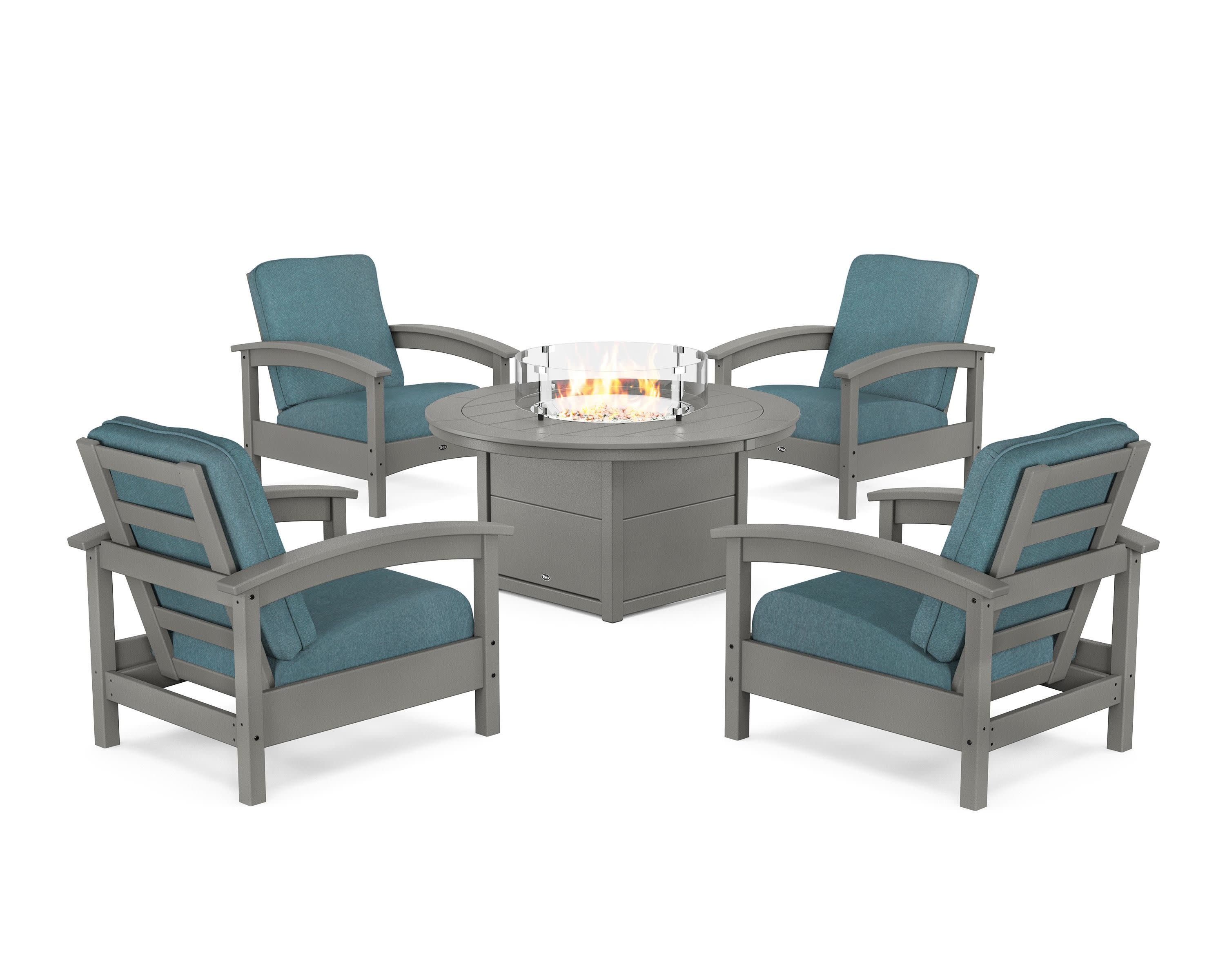 Rockport 5-Piece Deep Seating Set with Round Fire Pit Table in Stepping Stone / Ocean Teal
