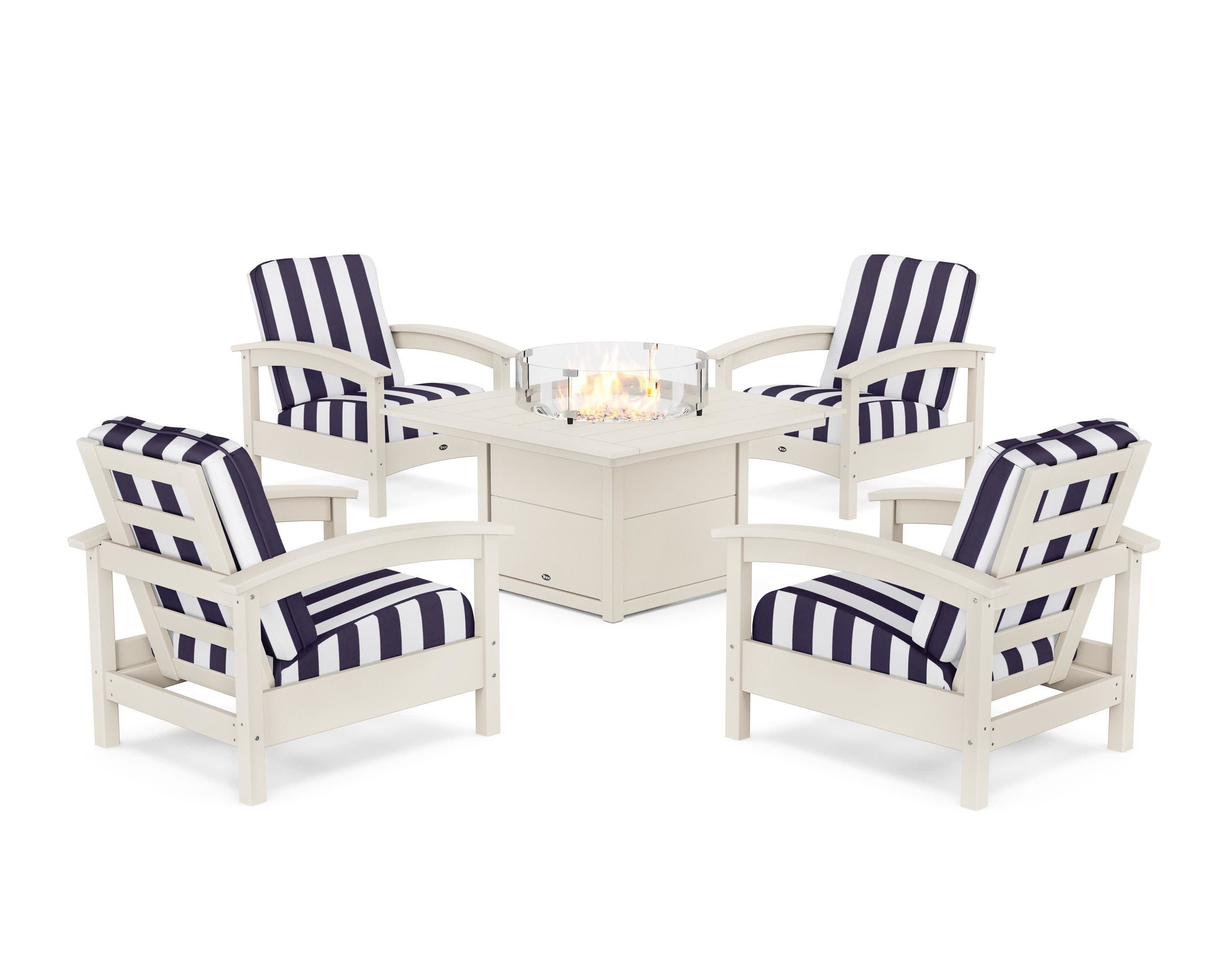 Rockport 5-Piece Deep Seating Set with Square Fire Pit Table in Sand Castle / Cabana Stripe Navy