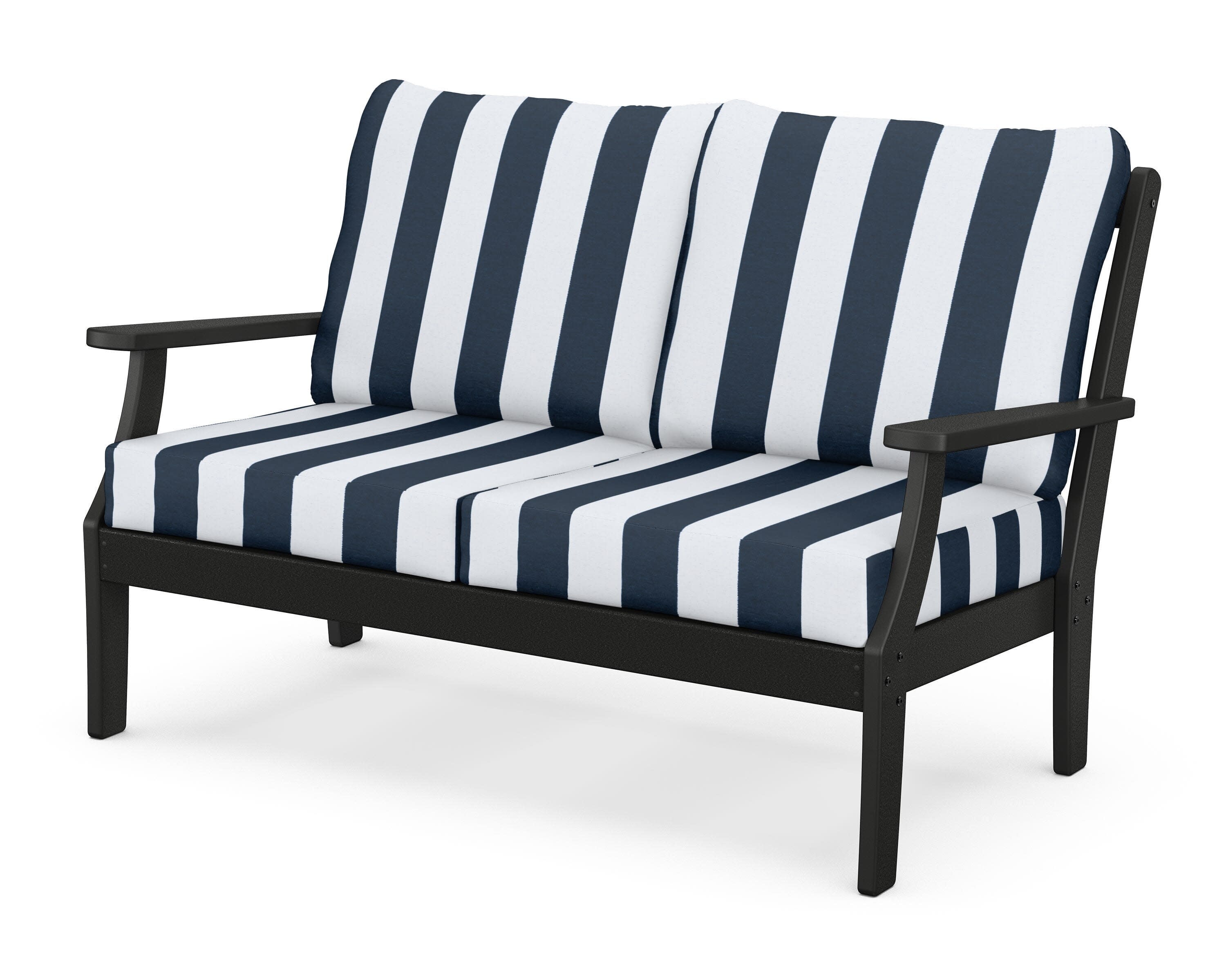 Yacht Club Deep Seating Loveseat in Charcoal Black / Cabana Stripe Marine Indigo