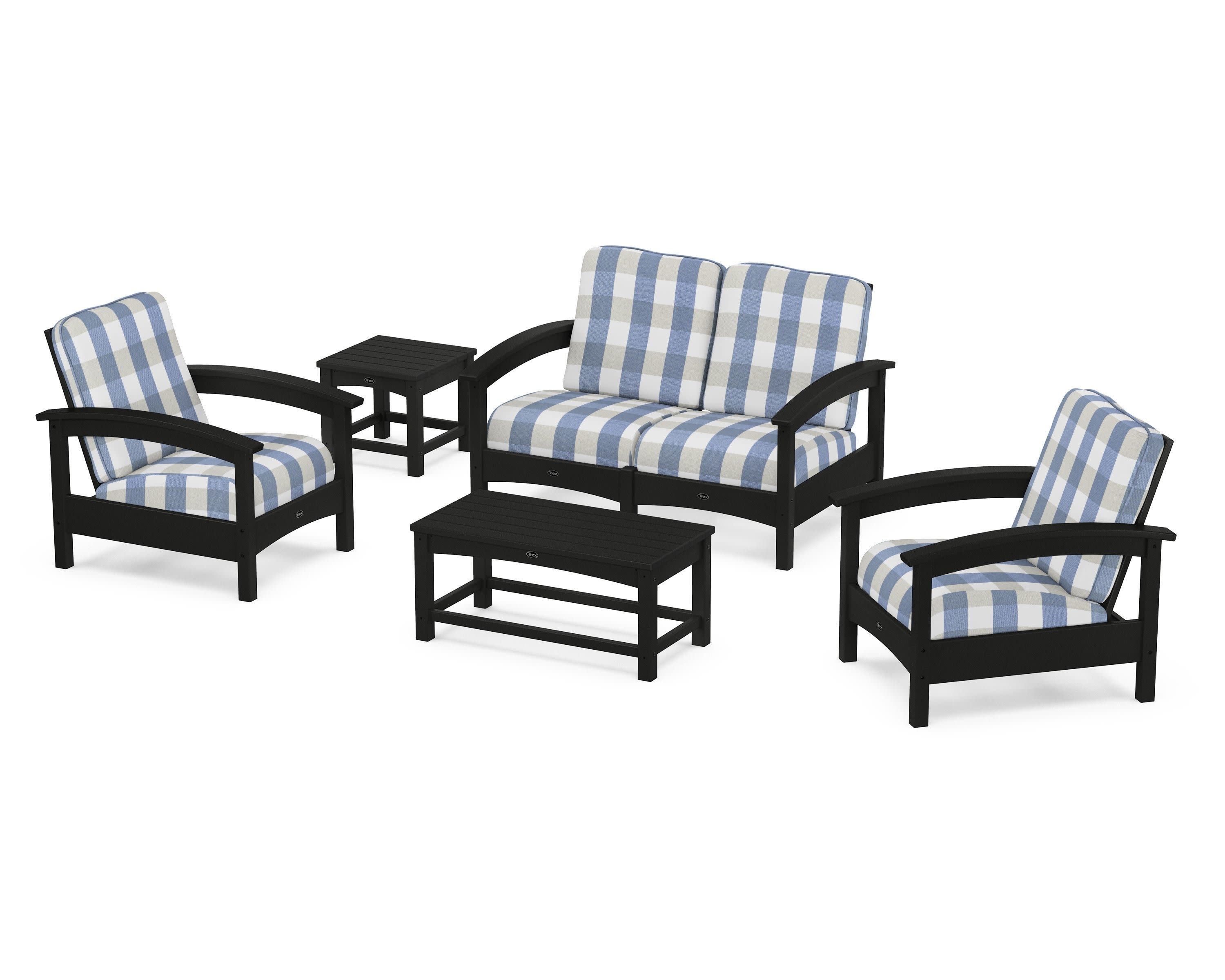 Rockport Club 6-Piece Deep Seating Conversation Set in Charcoal Black / Buffalo Plaid Sky Blue
