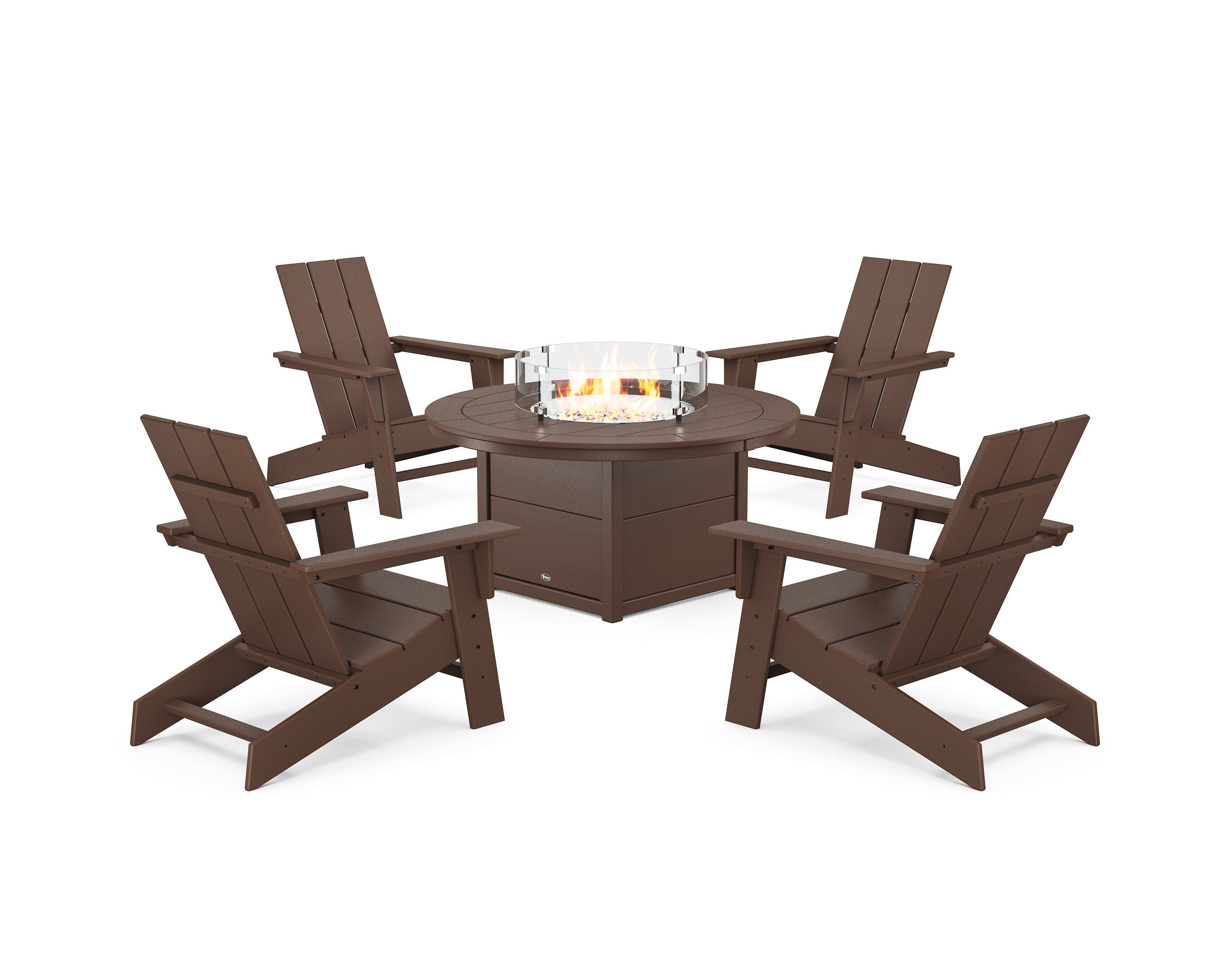 Eastport Modern Adirondack 5-Piece Set with Round Fire Pit Table in Vintage Lantern